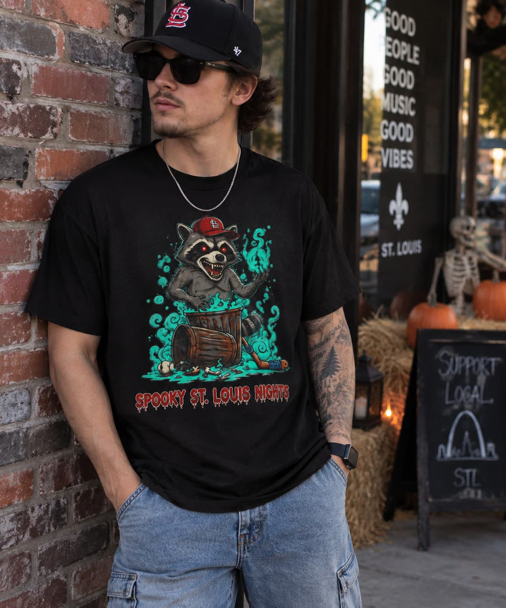 Spooky St. Louis Nights Raccoon Tee – Halloween Streetwear