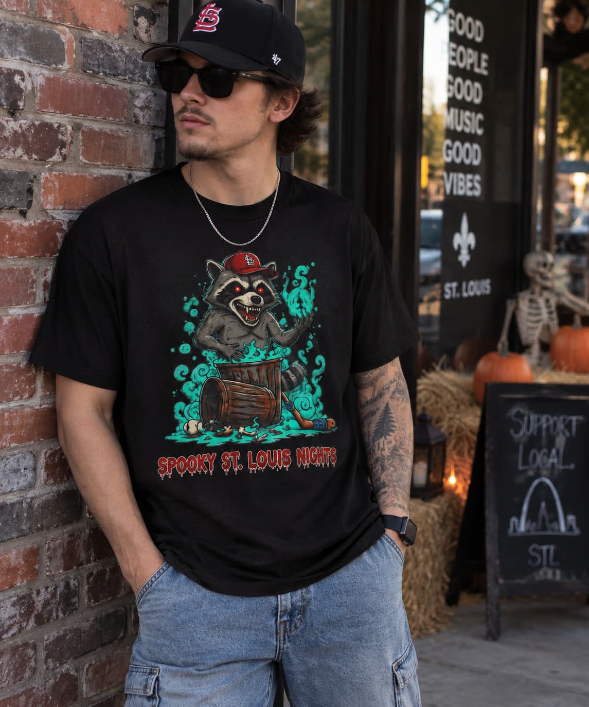 Spooky St. Louis Nights Raccoon Tee – Halloween Streetwear