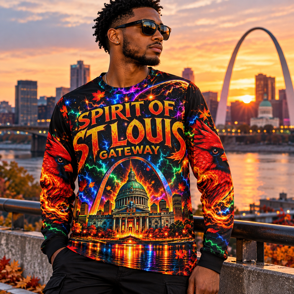St. Louis Gateway Long Sleeve Shirt — Spirit of St. Louis Neon Cityscape
