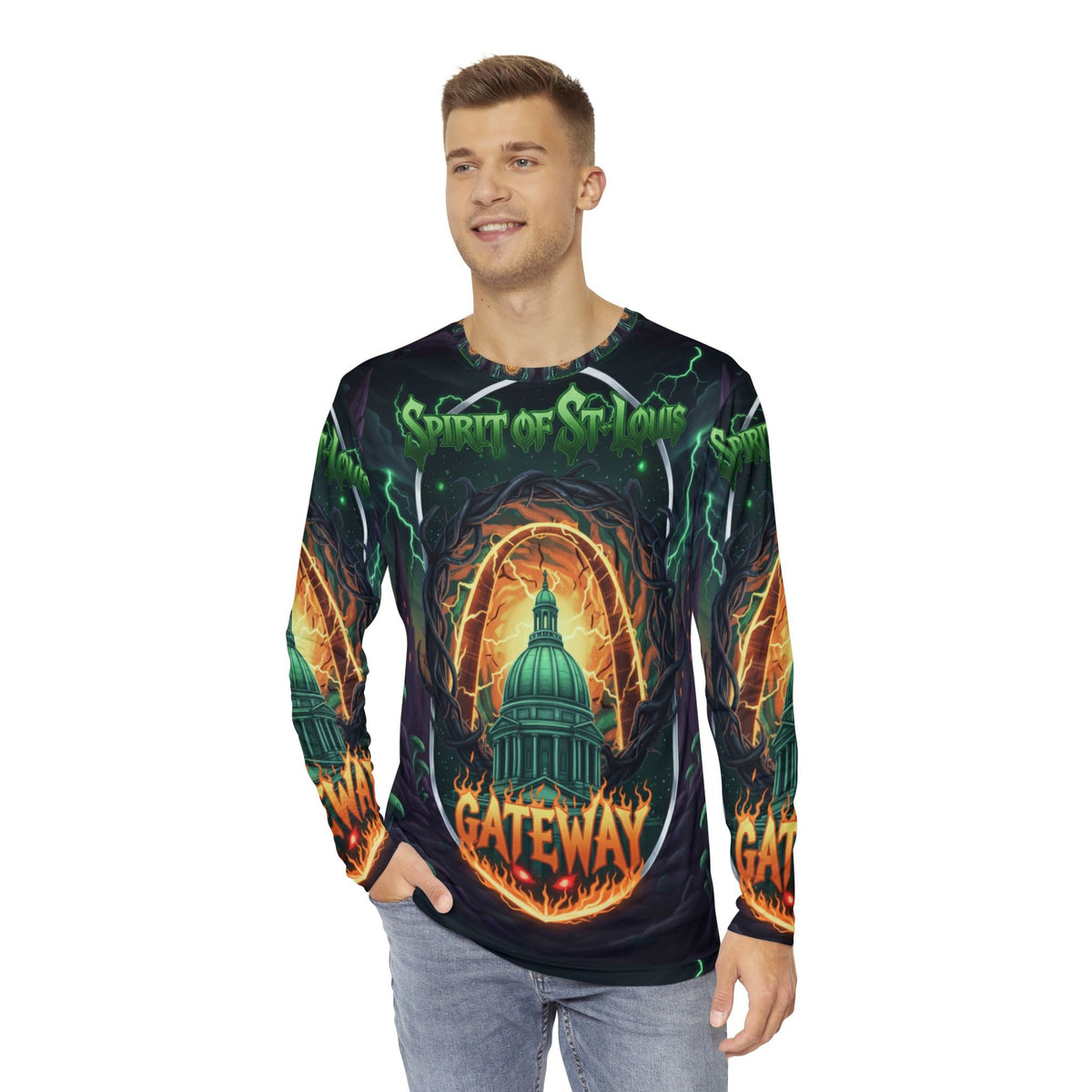 St. Louis Gateway Men's Long Sleeve Shirt, Urban Casual Wear, Graphic Tee, Vibrant Streetwear, Festival Apparel, Unique Gift Idea🎃 Printify
