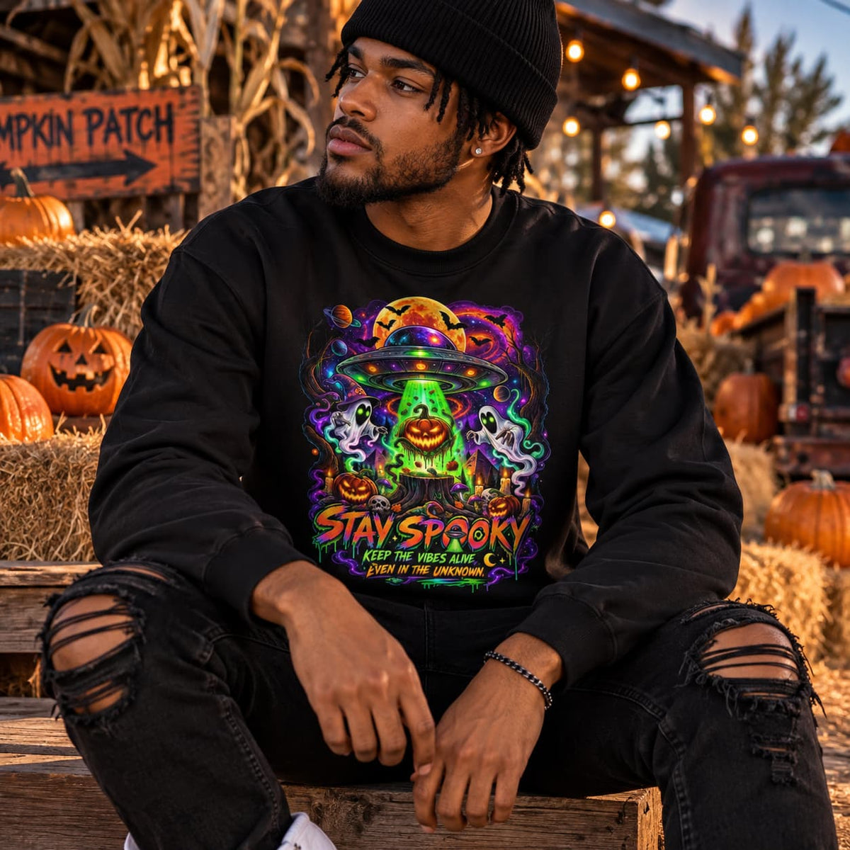 Stay Spooky Cosmic UFO Sweatshirt | Halloween Streetwear