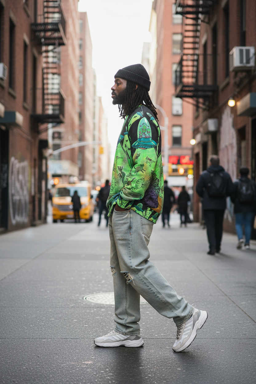 Street-style alternate angle with Black model