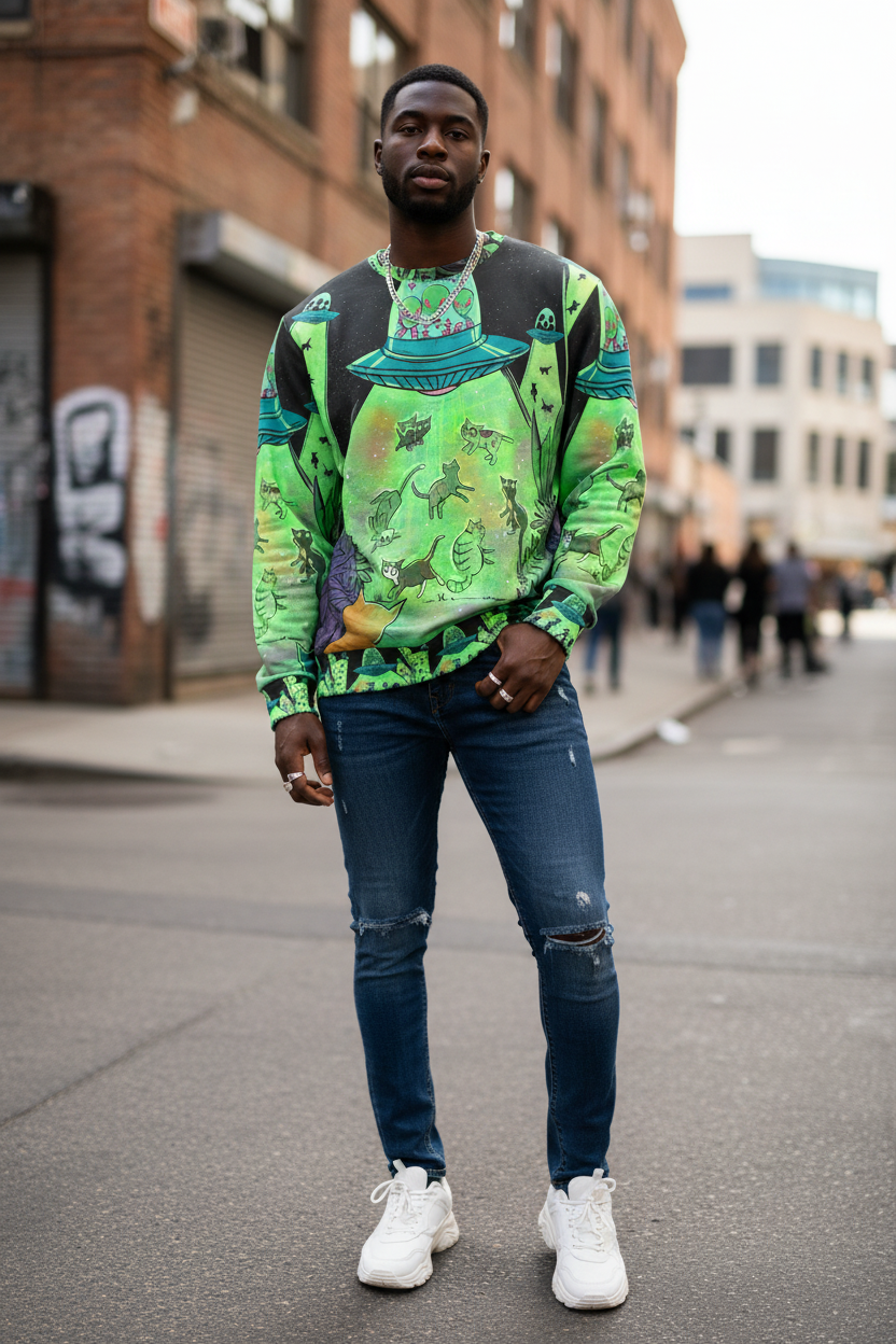 Street-style front view with Black model