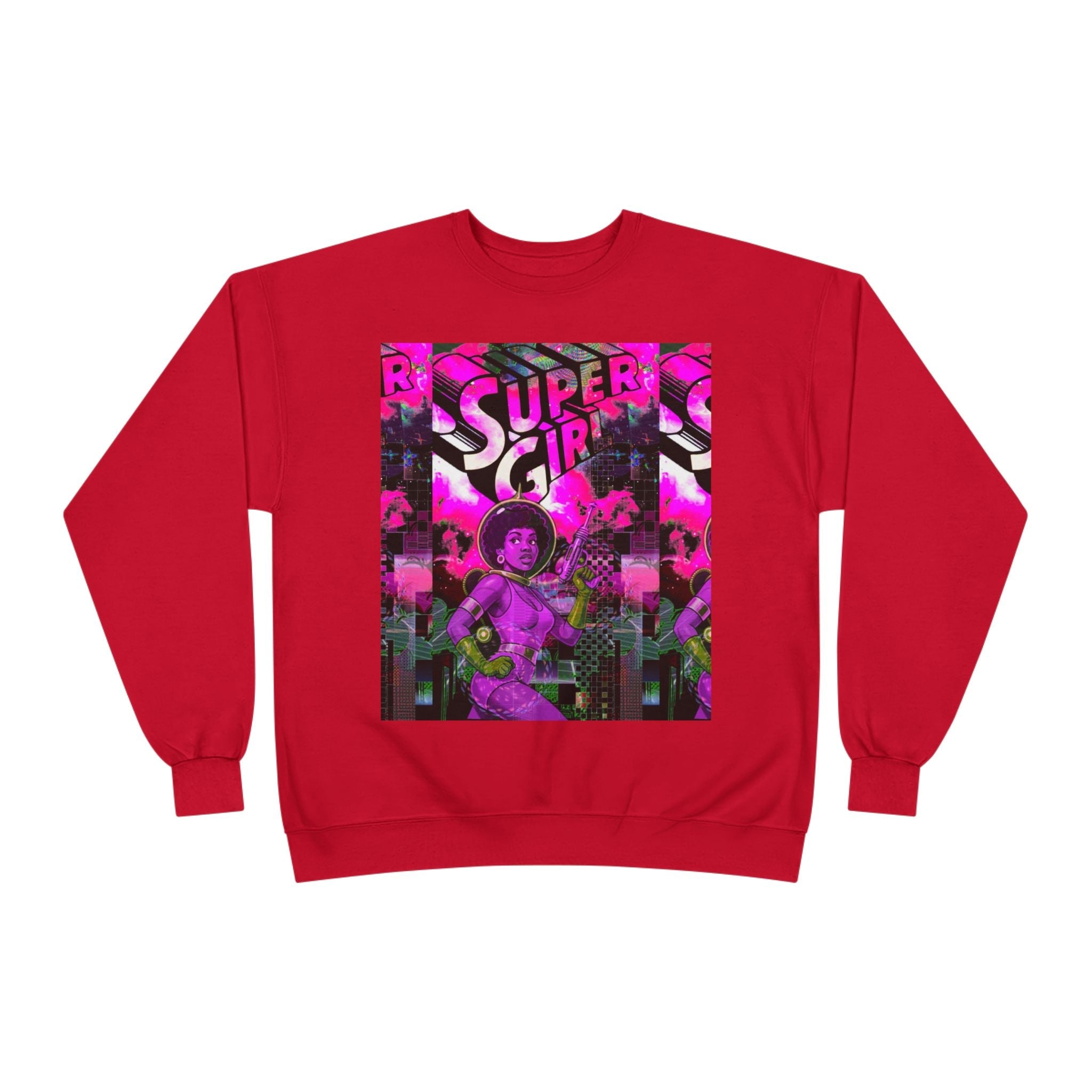 Super Girl Crewneck Sweatshirt — Retro Neon Comic Graphic