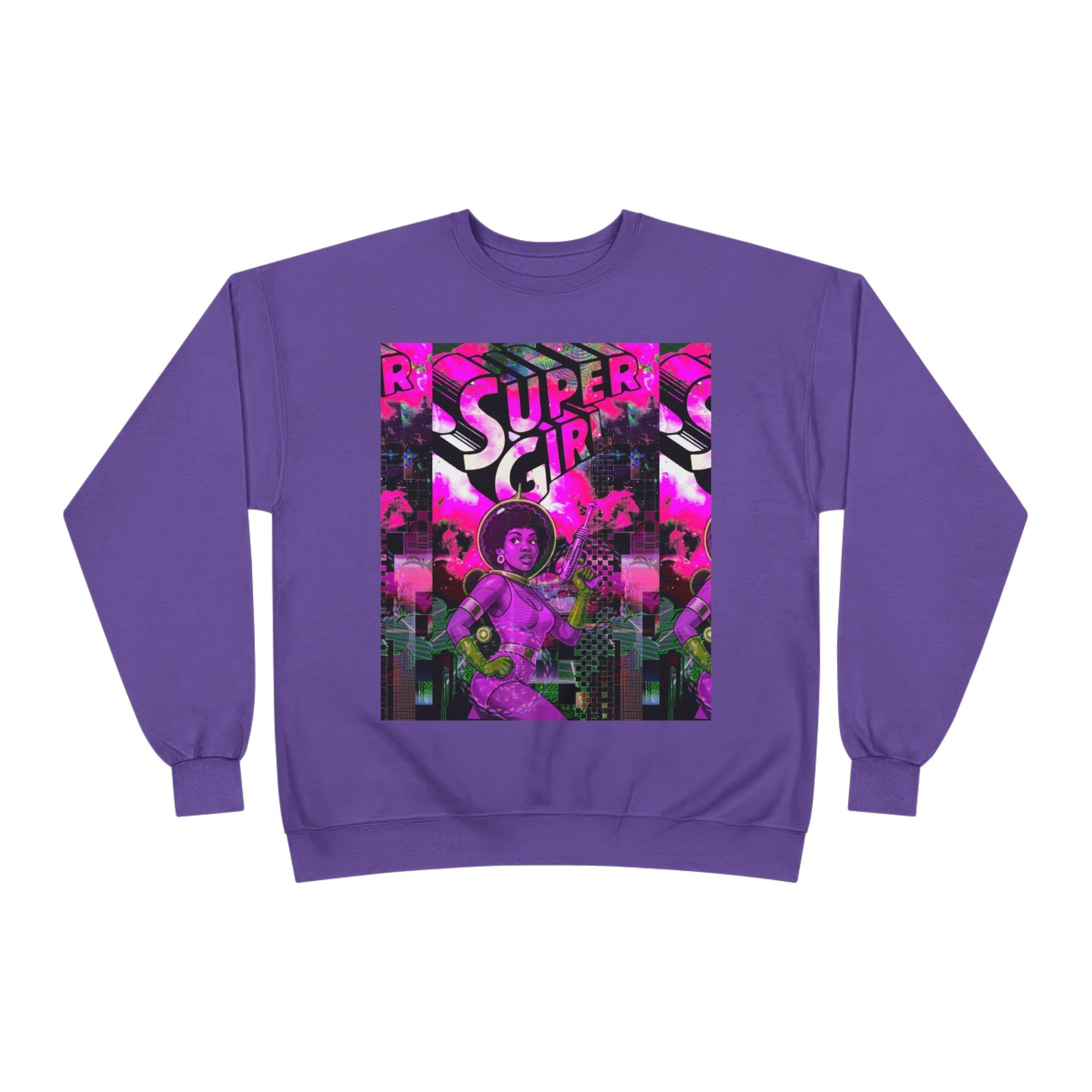 Super Girl Crewneck Sweatshirt — Retro Neon Comic Graphic