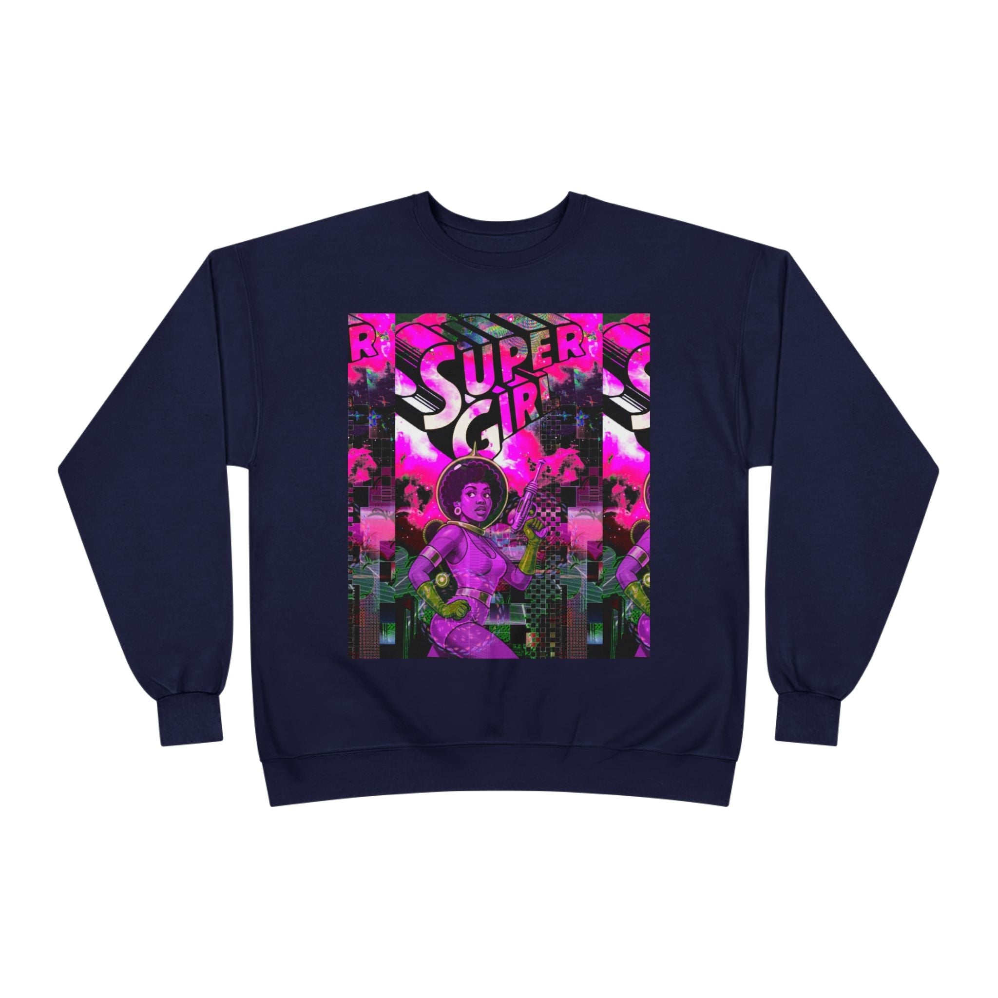 Super Girl Crewneck Sweatshirt — Retro Neon Comic Graphic