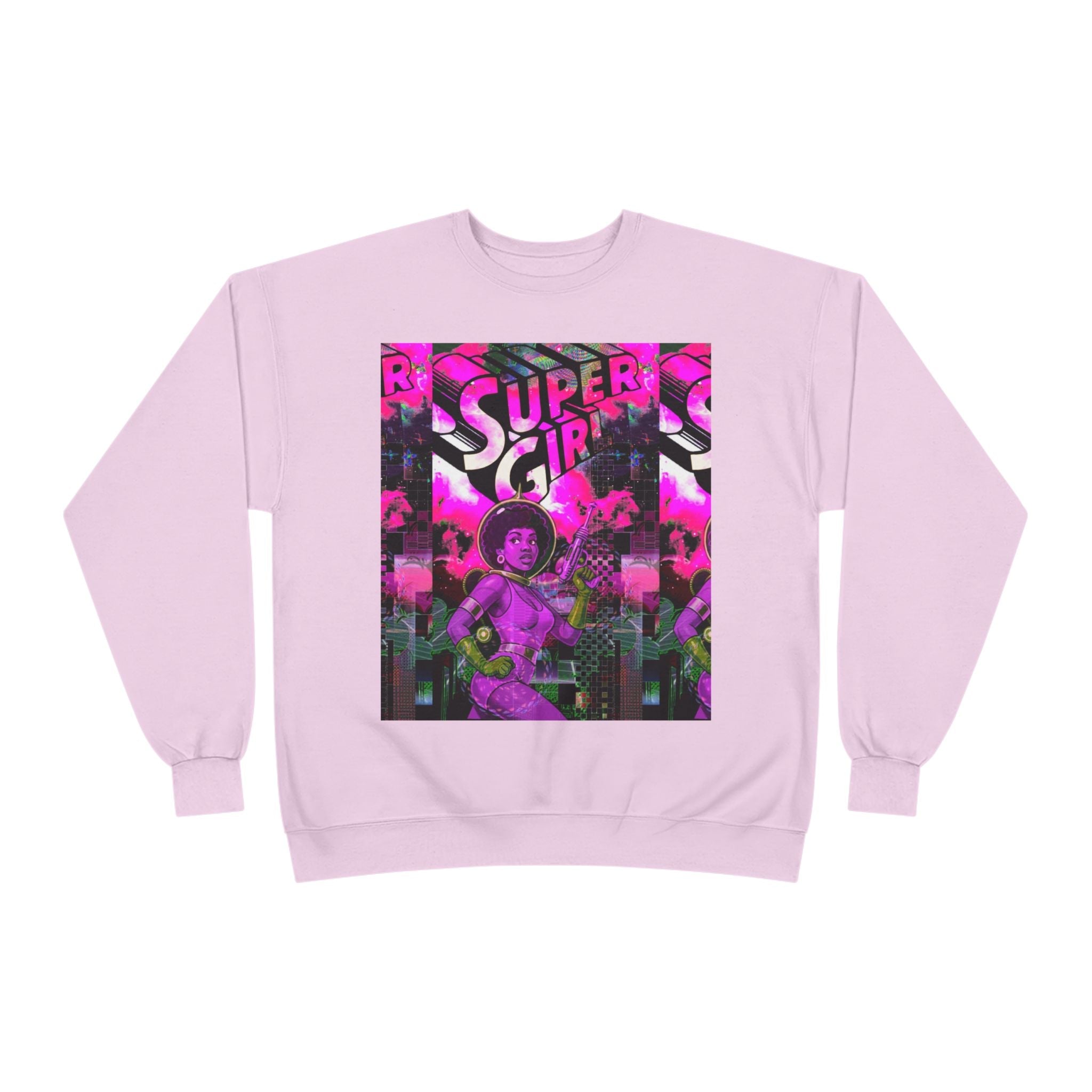 Super Girl Crewneck Sweatshirt — Retro Neon Comic Graphic