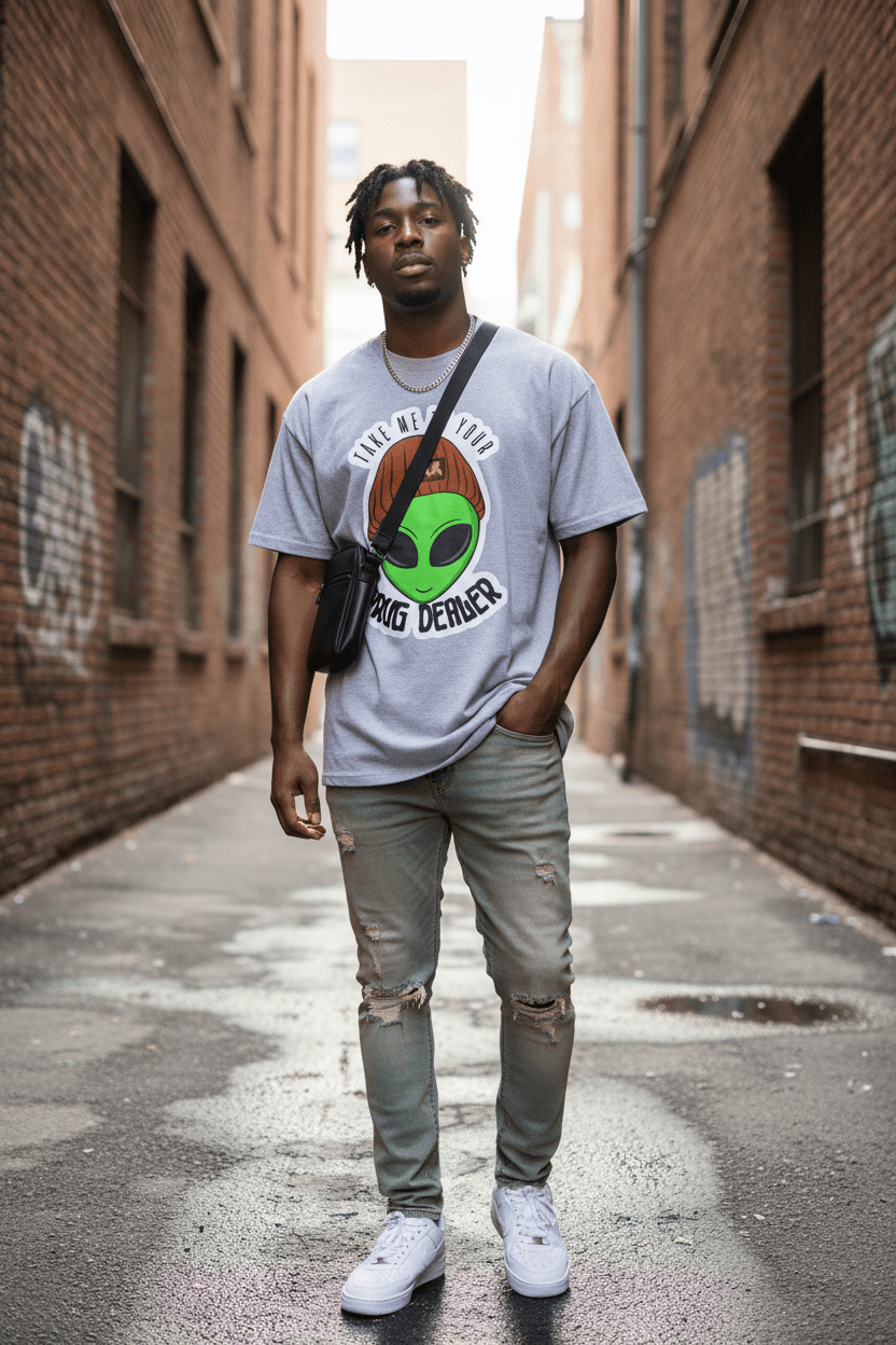 Black model grey tee alley