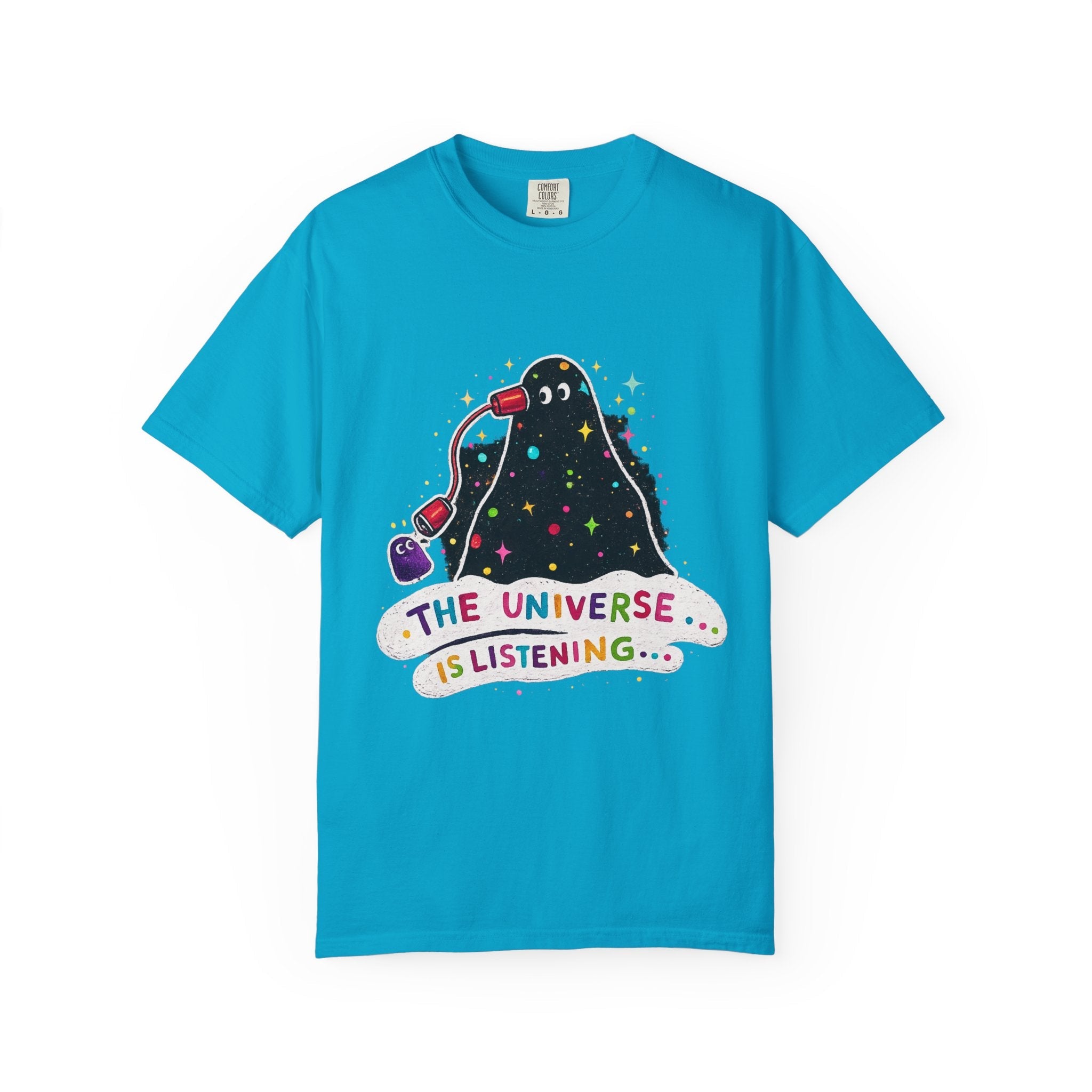 The Universe Is Listening T-Shirt — Cute Cosmic Phone Graphic Tee Printify