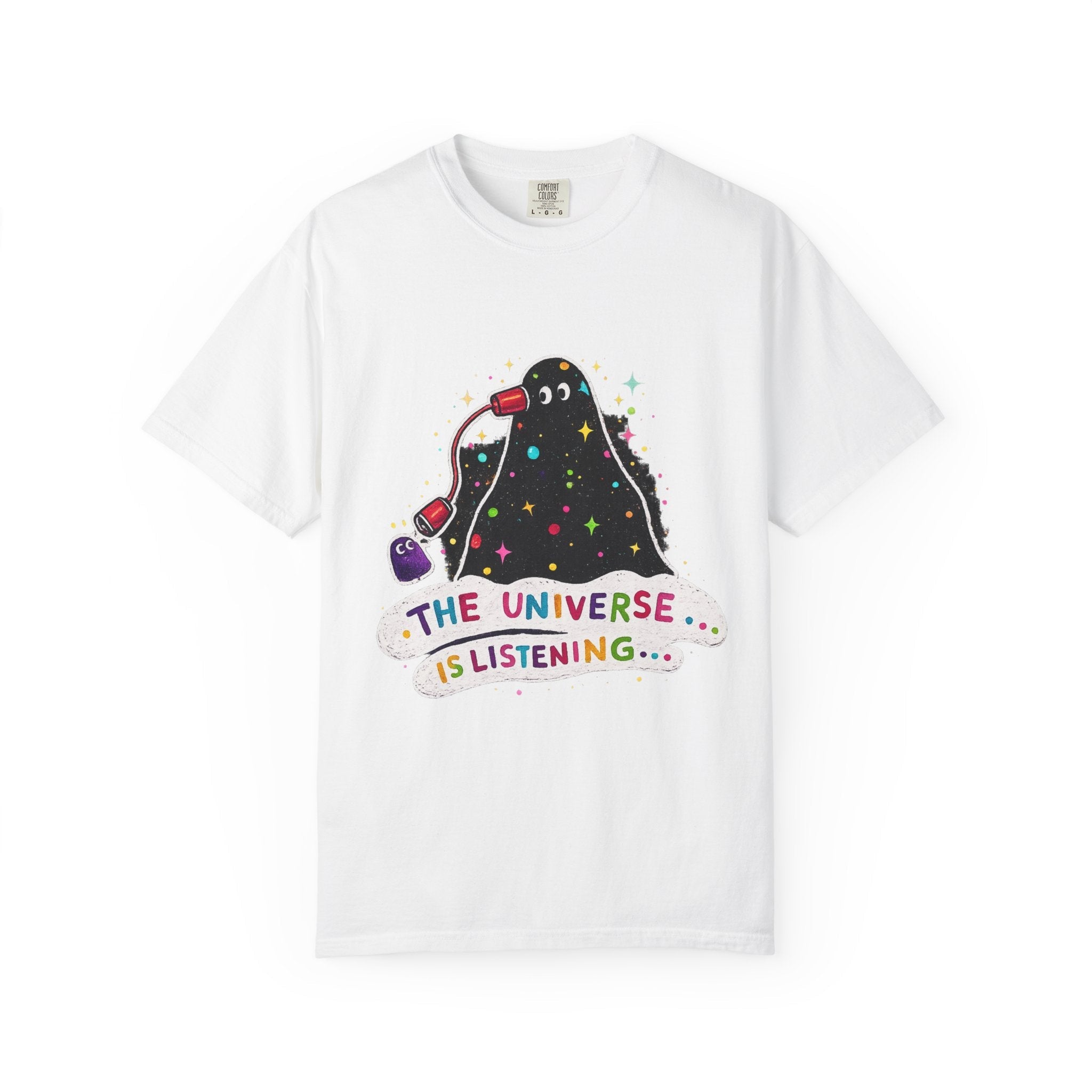 The Universe Is Listening T-Shirt — Cute Cosmic Phone Graphic Tee Printify