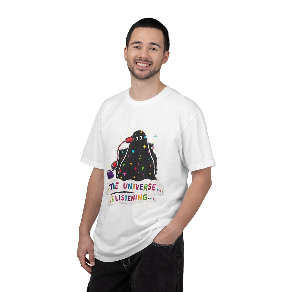 The Universe Is Listening T-Shirt — Cute Cosmic Phone Graphic Tee Printify