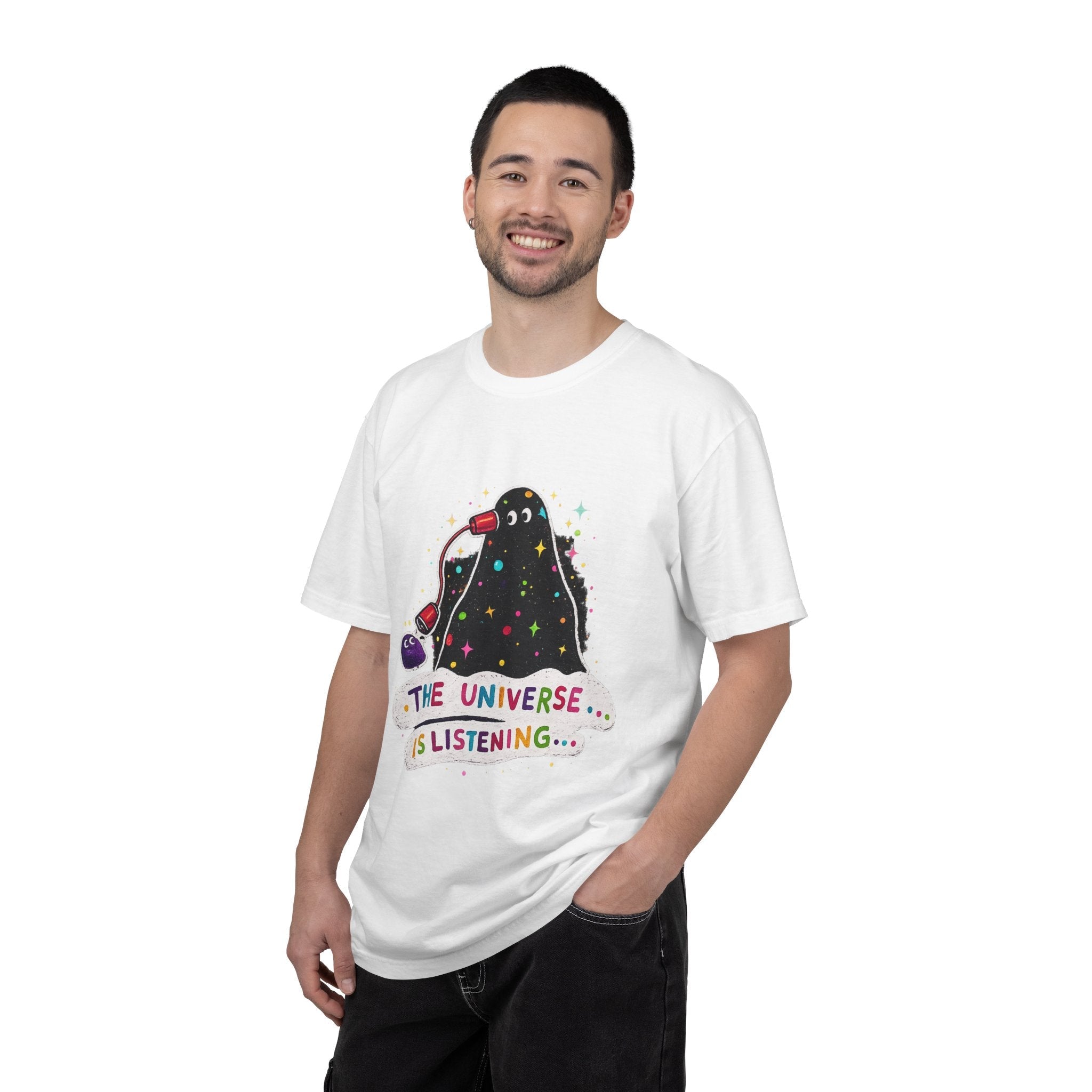 The Universe Is Listening T-Shirt — Cute Cosmic Phone Graphic Tee Printify