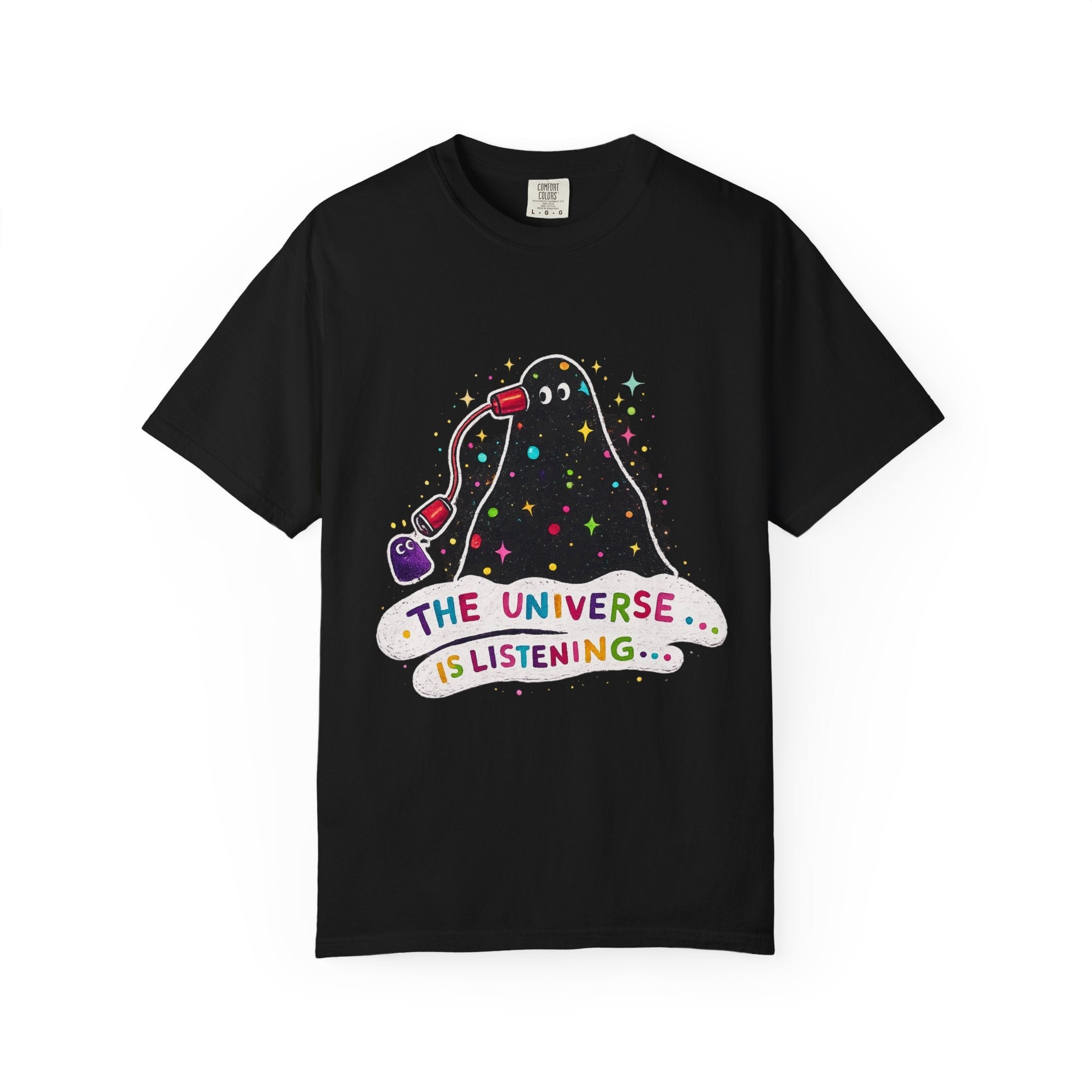 The Universe Is Listening T-Shirt — Cute Cosmic Phone Graphic Tee Printify