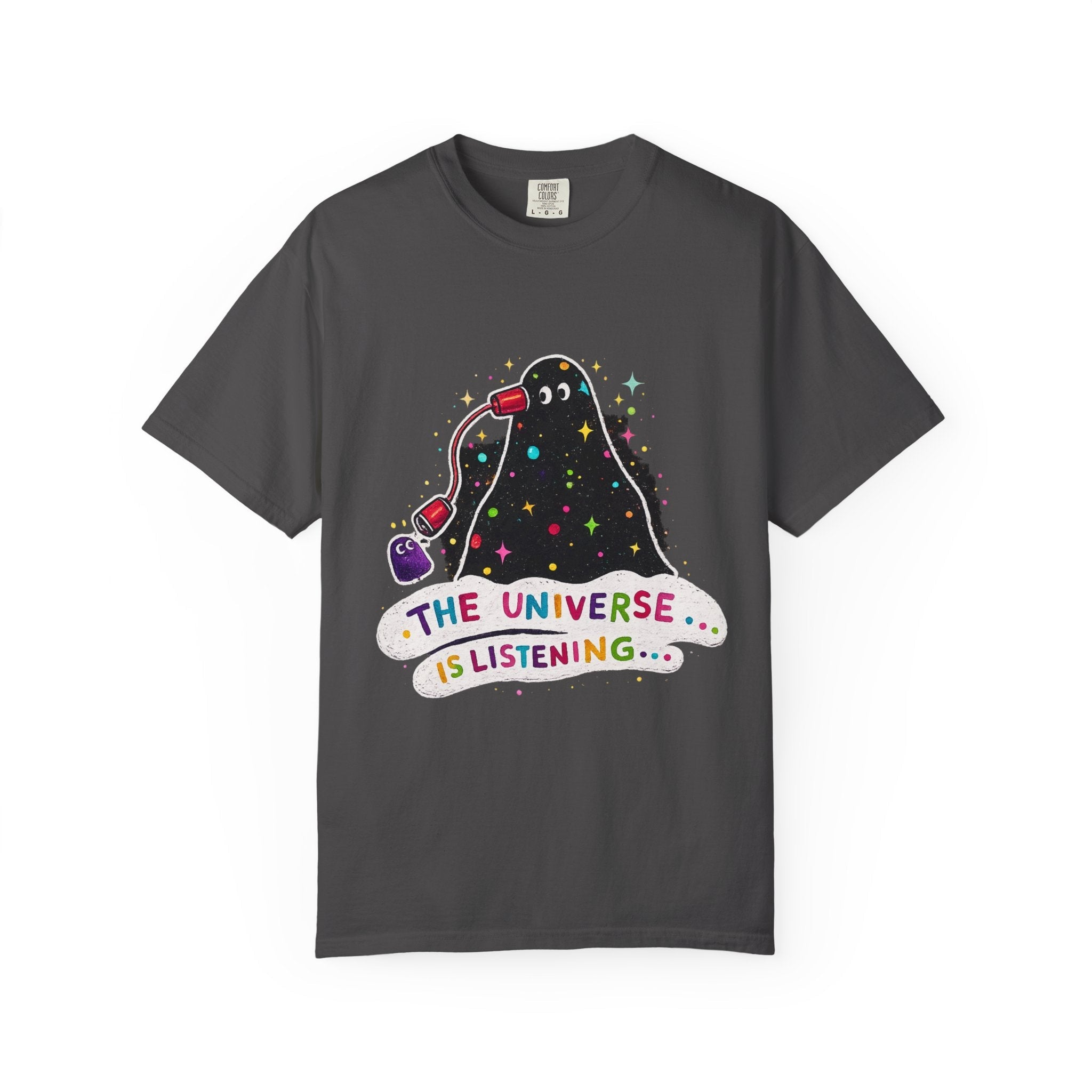 The Universe Is Listening T-Shirt — Cute Cosmic Phone Graphic Tee Printify