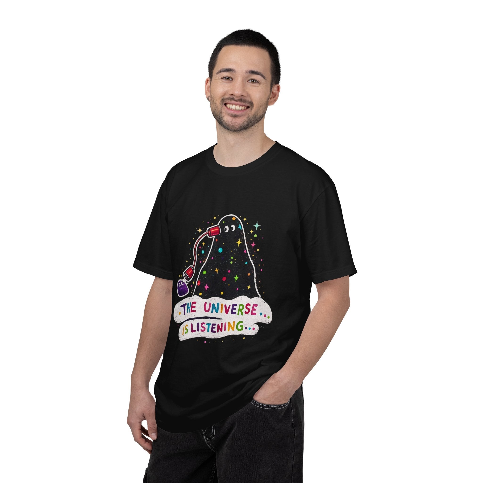 The Universe Is Listening T-Shirt — Cute Cosmic Phone Graphic Tee Printify