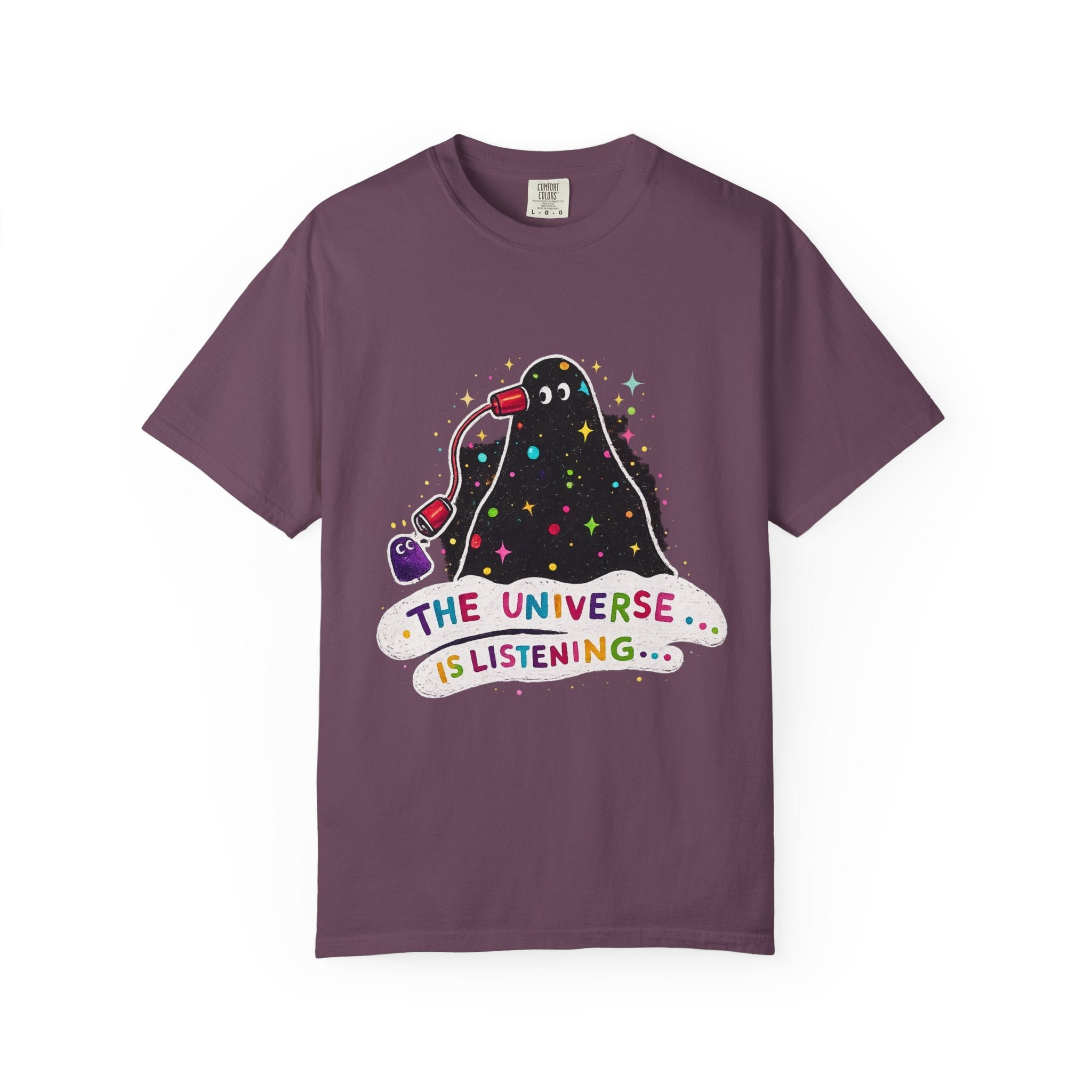 The Universe Is Listening T-Shirt — Cute Cosmic Phone Graphic Tee Printify