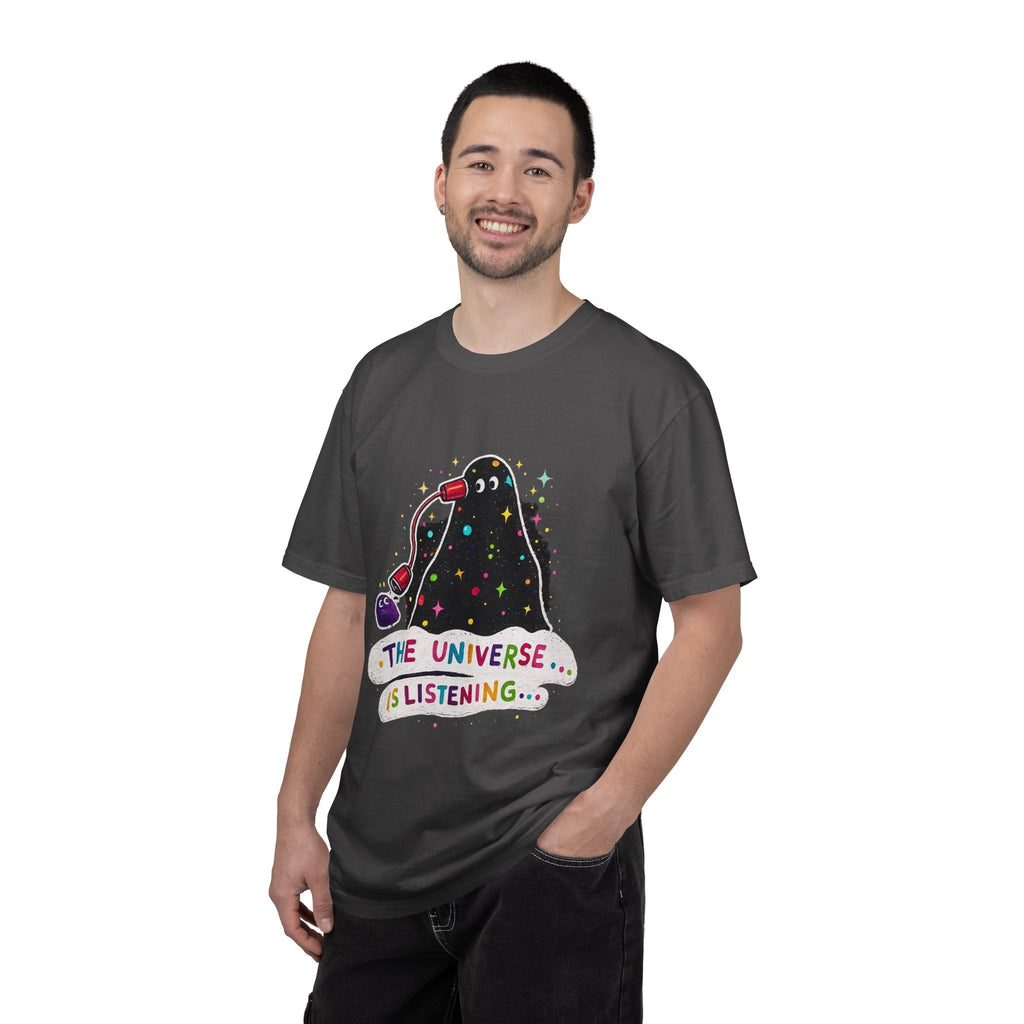 The Universe Is Listening T-Shirt — Cute Cosmic Phone Graphic Tee Printify