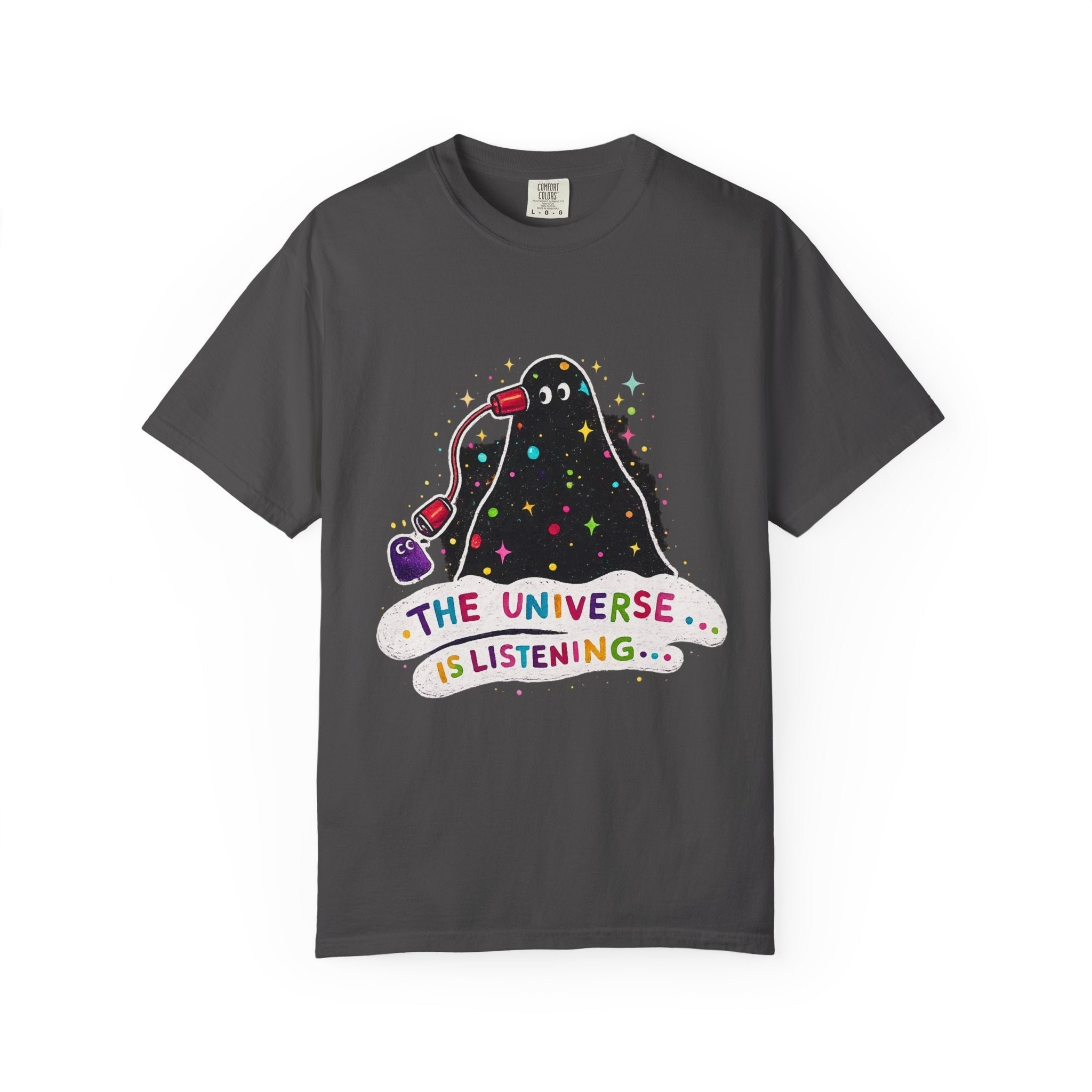 The Universe Is Listening T-Shirt — Cute Cosmic Phone Graphic Tee Printify