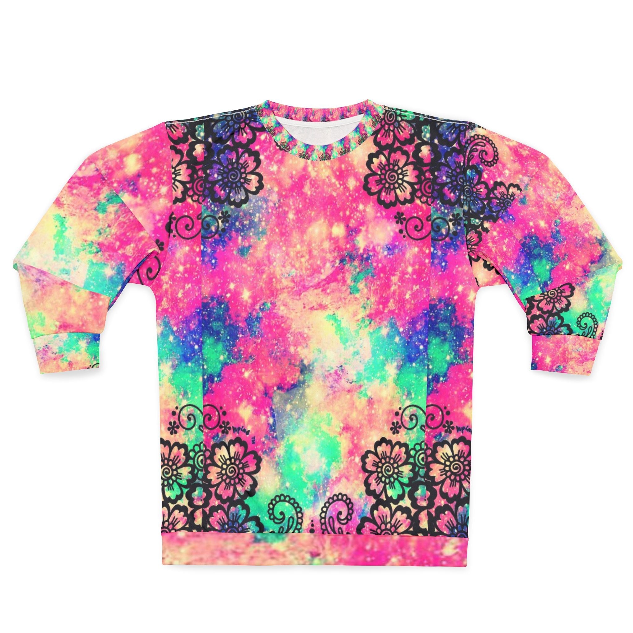 Tie-Dye Galaxy Sweatshirt with Black Lace Floral Accents