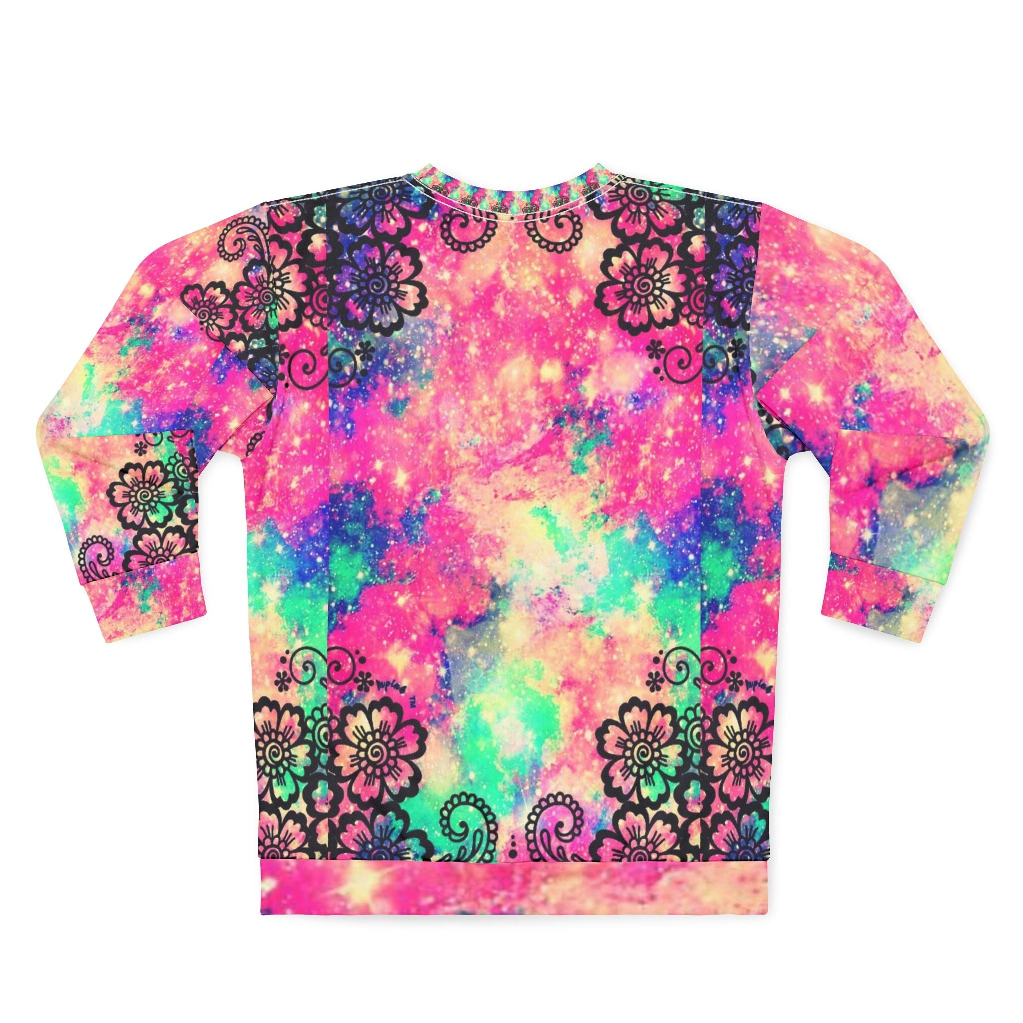 Tie-Dye Galaxy Sweatshirt with Black Lace Floral Accents