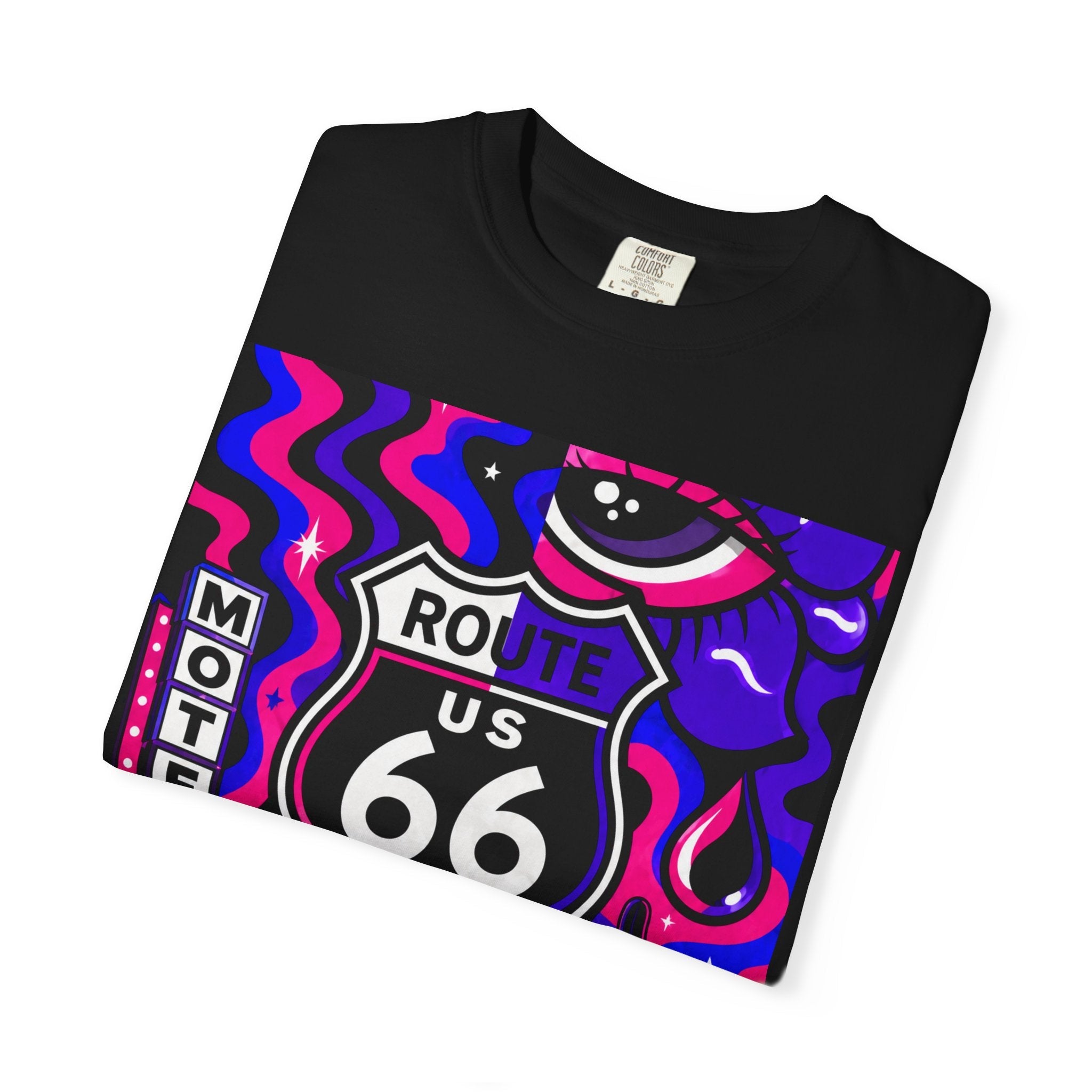 Title: Route 66 Cosmic Highway Tee — Neon Road Trip Graphic