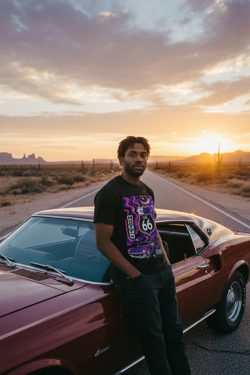 Route 66 Cosmic Highway — Muscle Car Sunset