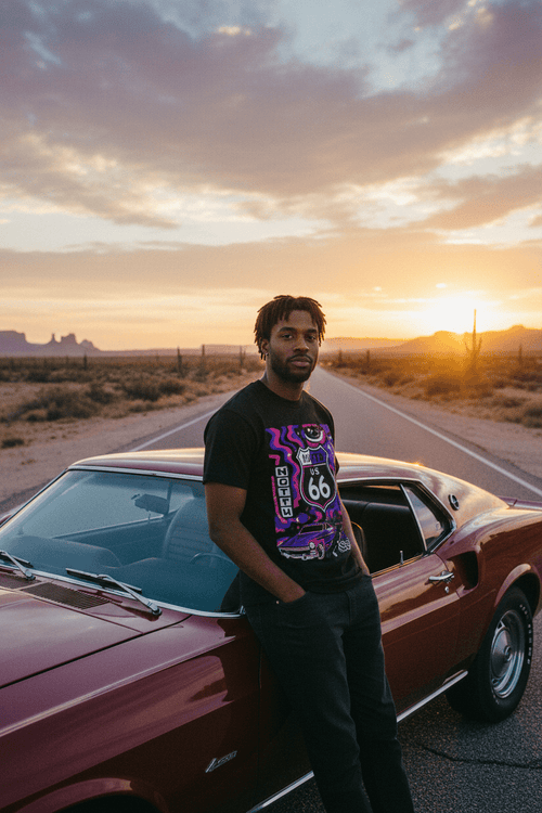 Route 66 Cosmic Highway — Muscle Car Sunset