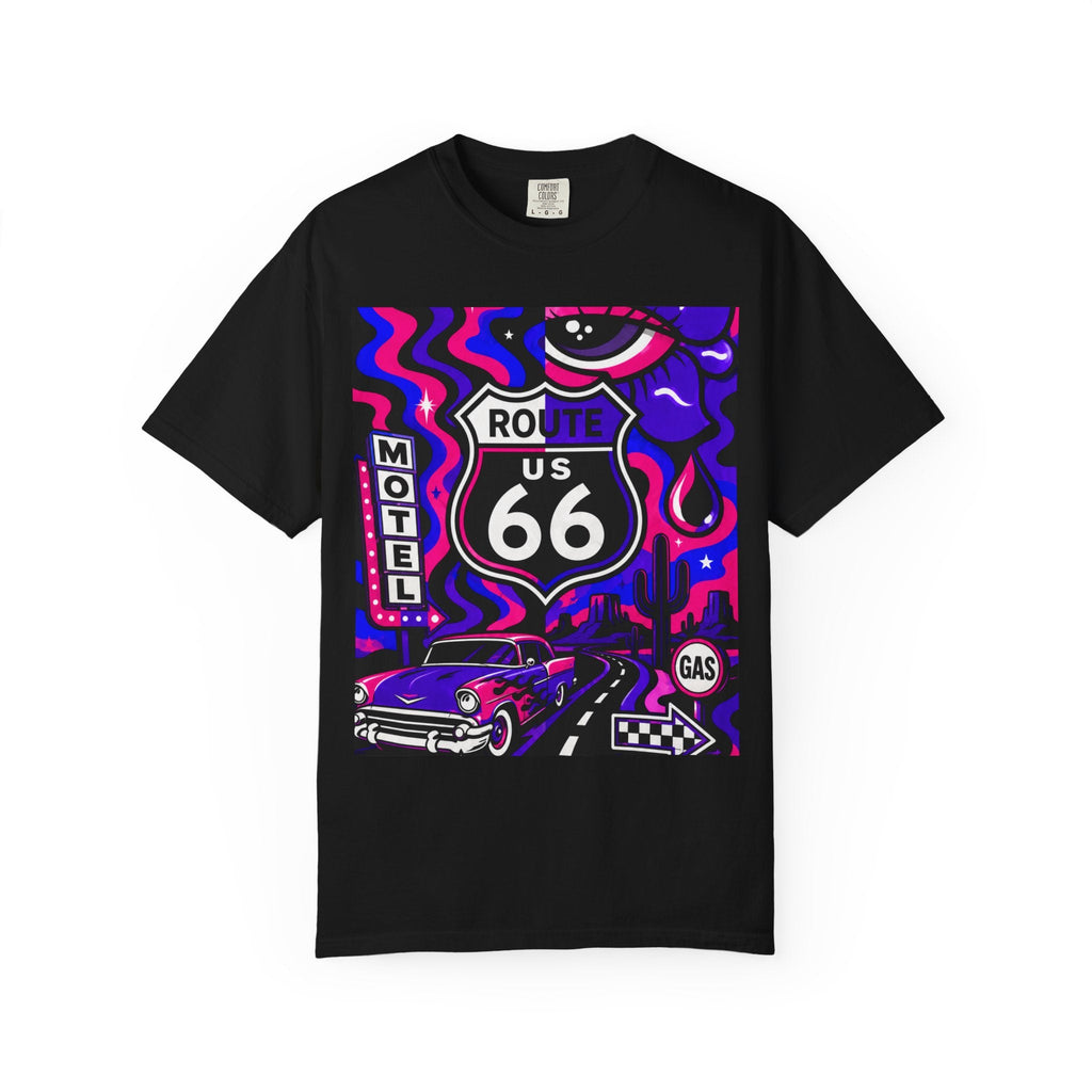 Title: Route 66 Cosmic Highway Tee — Neon Road Trip Graphic