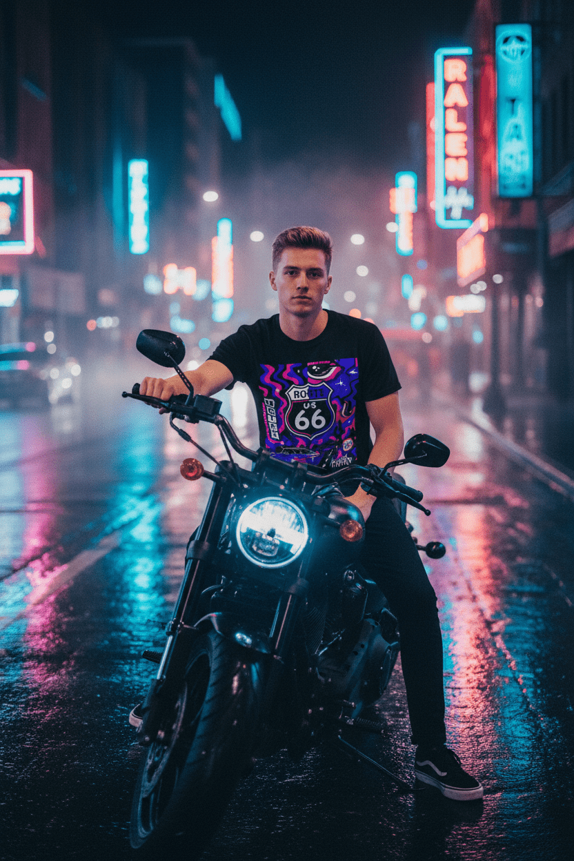 Route 66 Cosmic Highway — Motorcycle Neon City