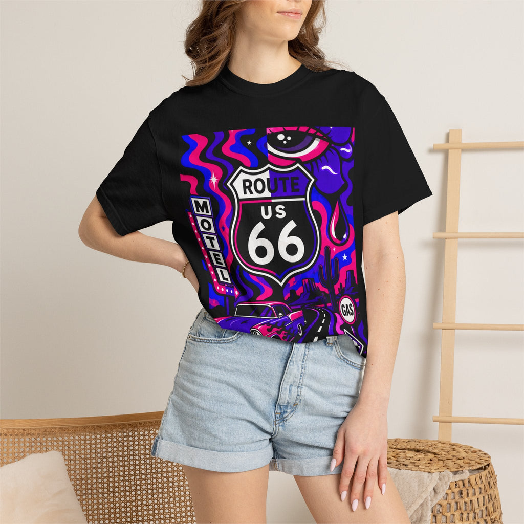 Title: Route 66 Cosmic Highway Tee — Neon Road Trip Graphic