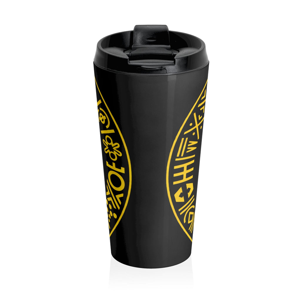 Travel Mug — Bold Afrocentric Shield Design (Yellow on Black) Printify