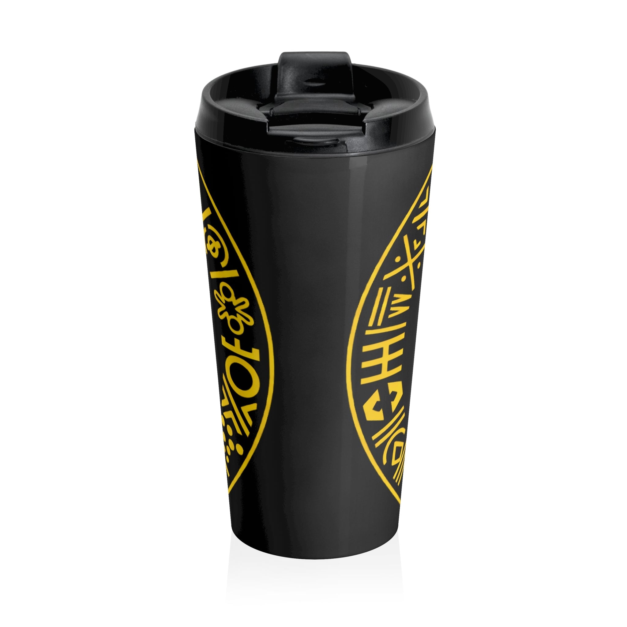 Travel Mug — Bold Afrocentric Shield Design (Yellow on Black) Printify