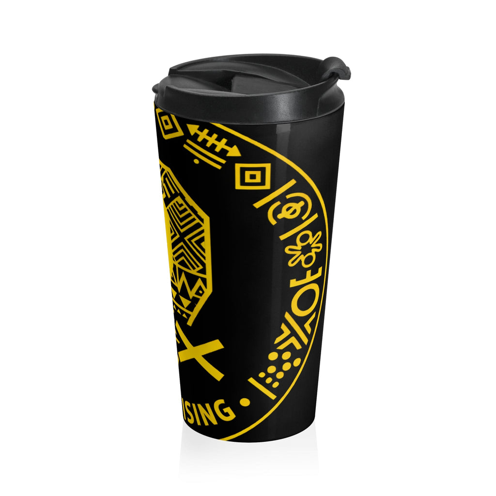 Travel Mug — Bold Afrocentric Shield Design (Yellow on Black) Printify