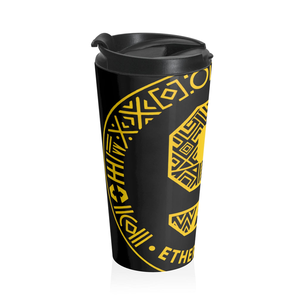 Travel Mug — Bold Afrocentric Shield Design (Yellow on Black) Printify