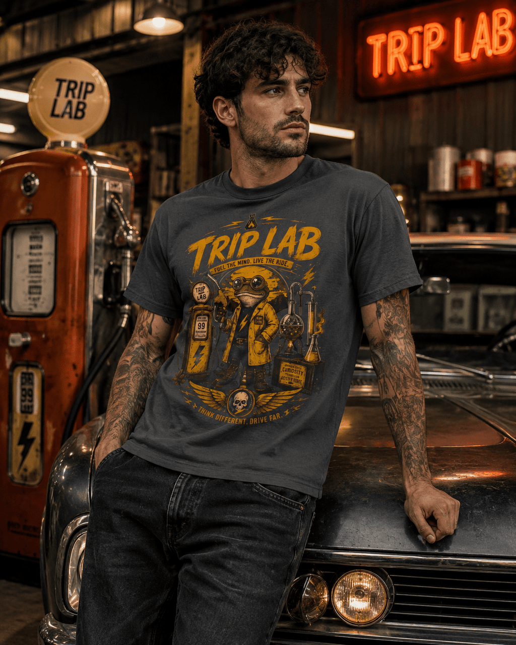 Trip Lab Graphic T-Shirt — Retro Scientist Frog Illustration