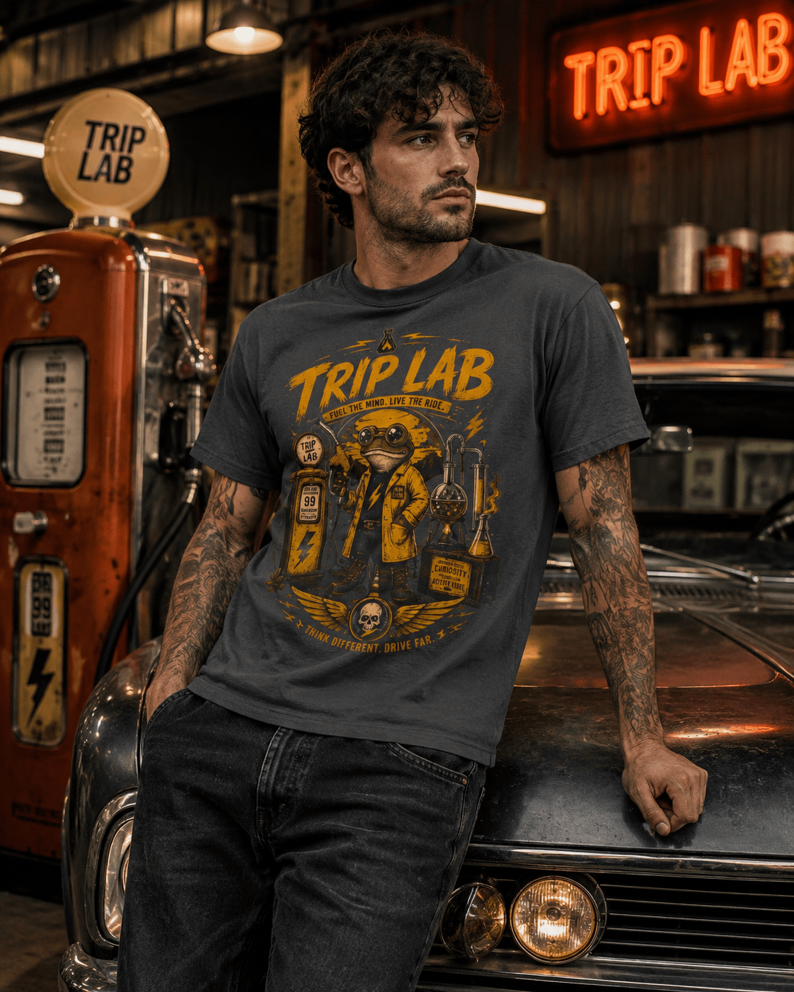 Trip Lab Graphic T-Shirt — Retro Scientist Frog Illustration