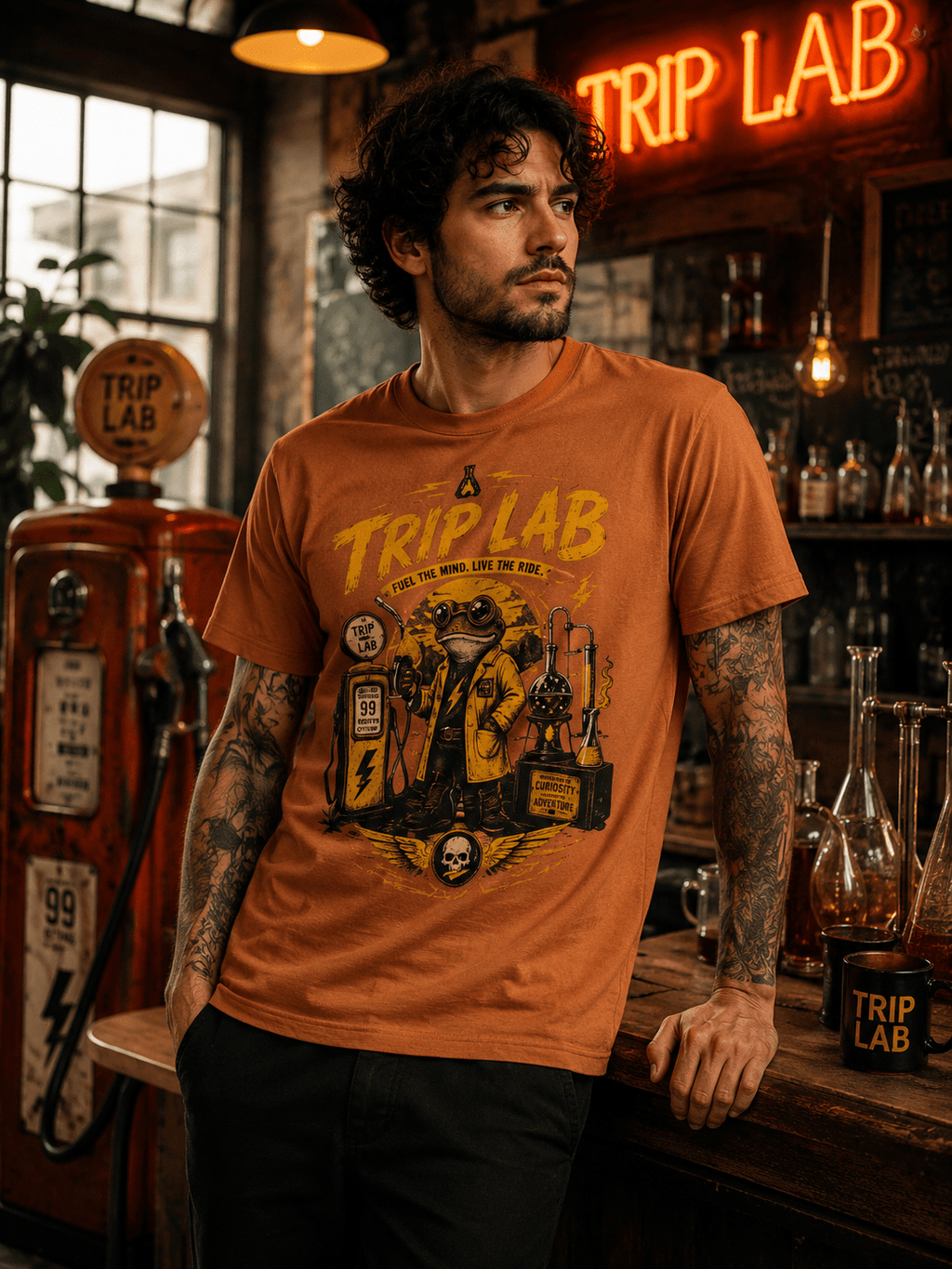 Trip Lab Graphic T-Shirt — Retro Scientist Frog Illustration