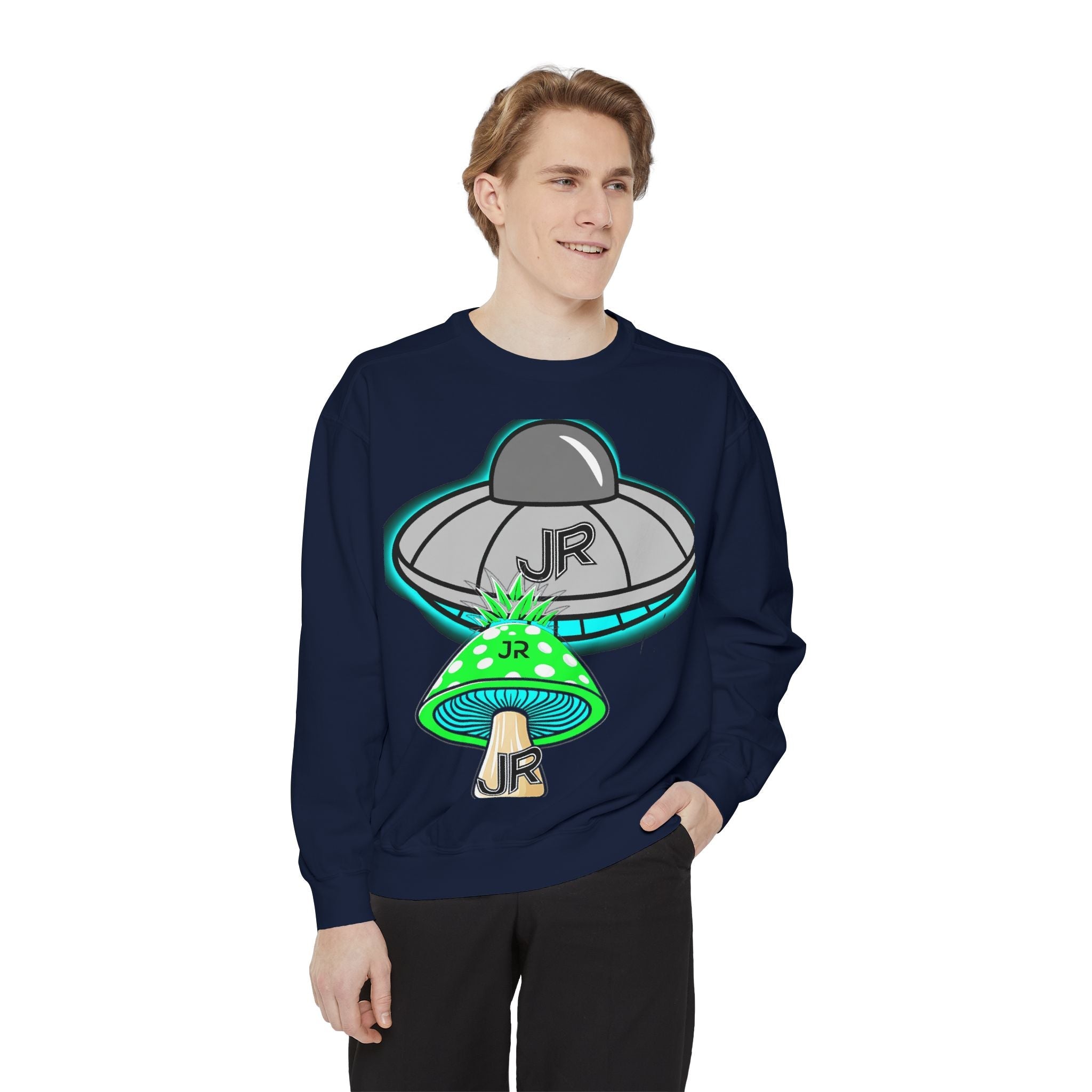UFO Mushroom Sweatshirt — Retro Spacey UFO & Mushroom Graphic
