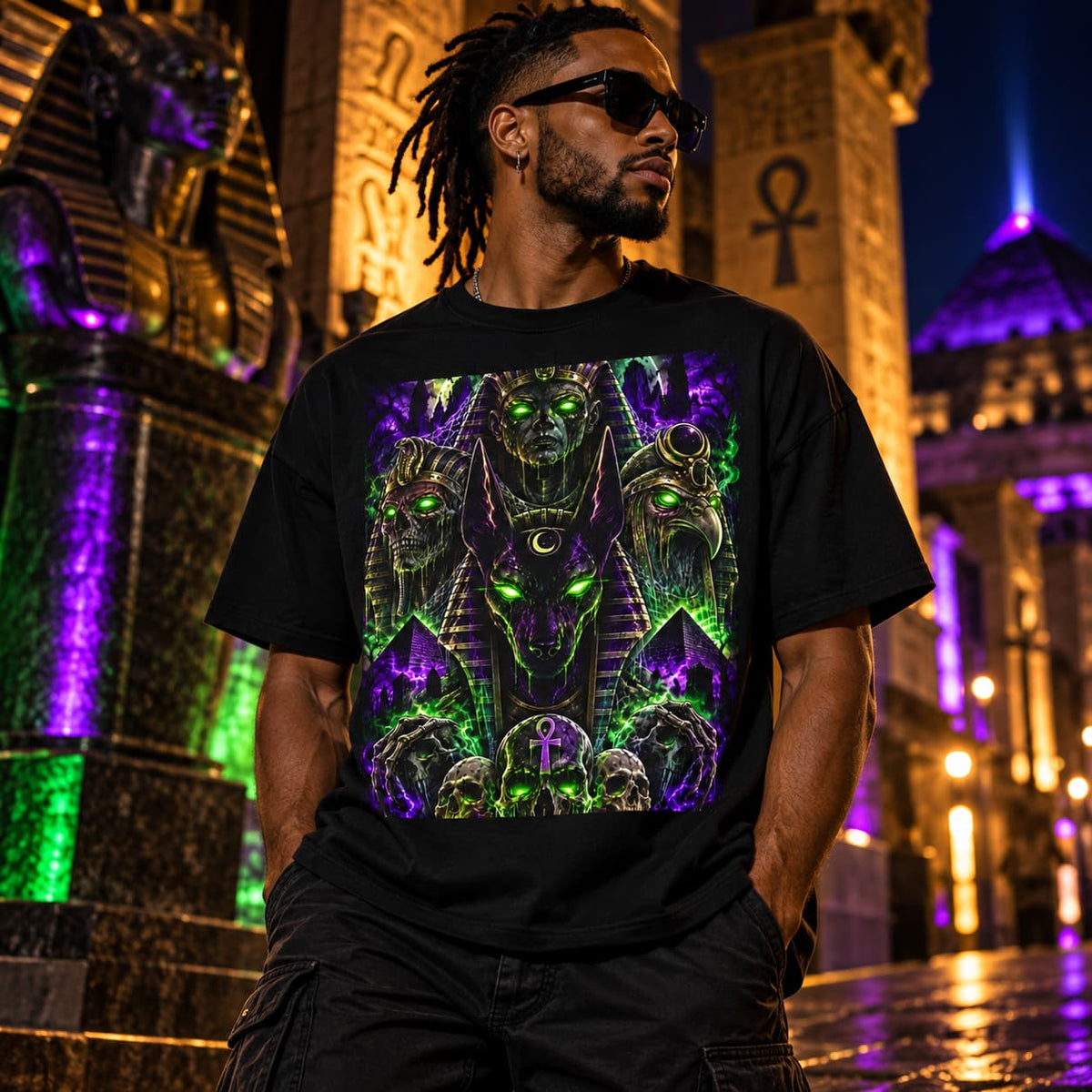 Underworld Pharaohs Tee — Anubis & Horus Dark Cosmic Streetwear