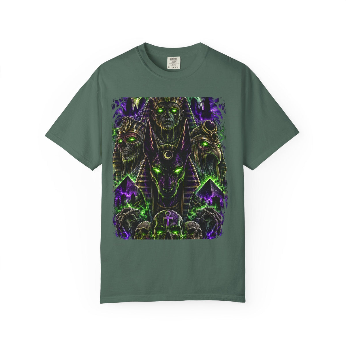 Black Comfort Colors tee with neon green and purple Anubis, Horus, and skull pharaoh graphic over pyramids