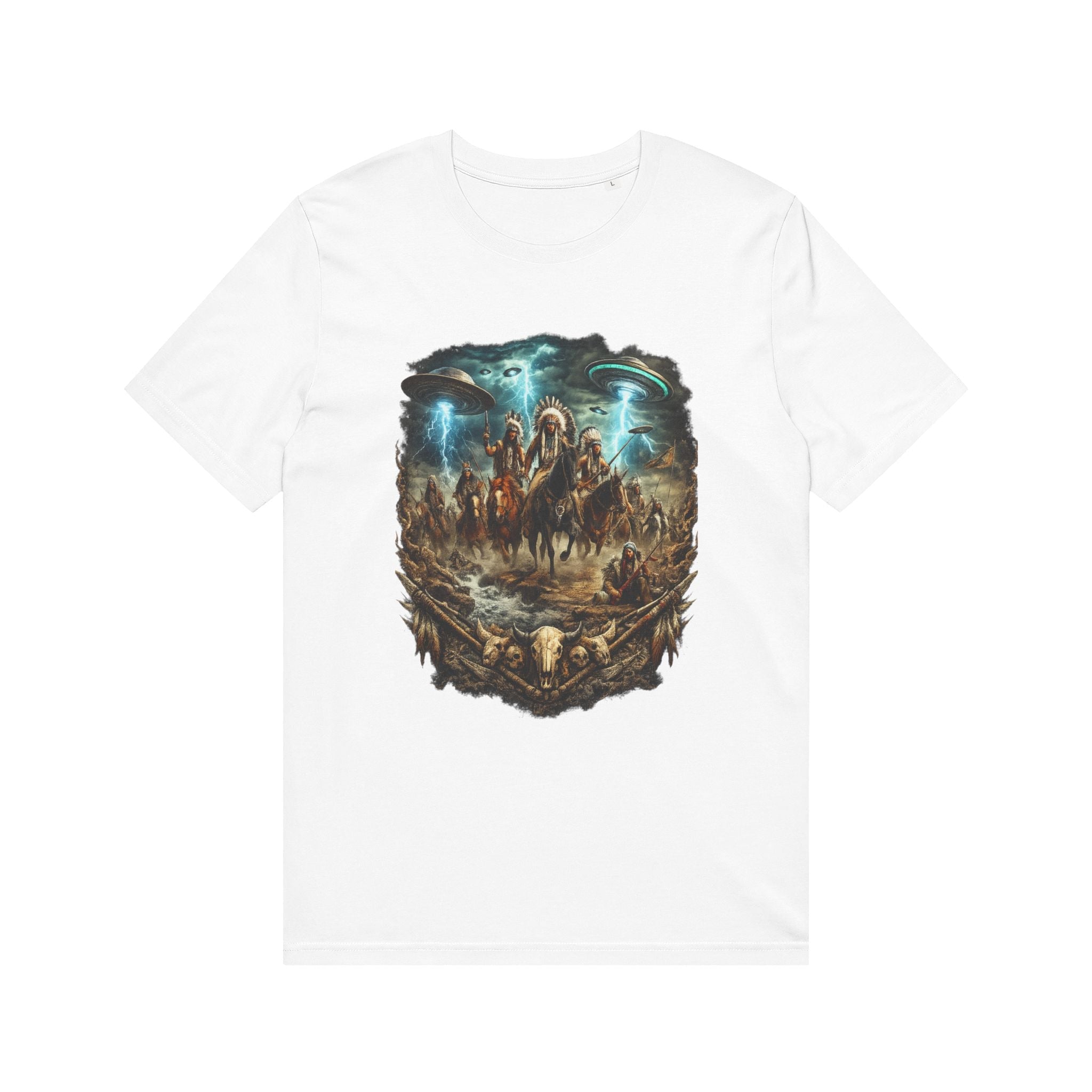 Ancient Sky Contact – Native Warrior UFO Graphic Tee Printify