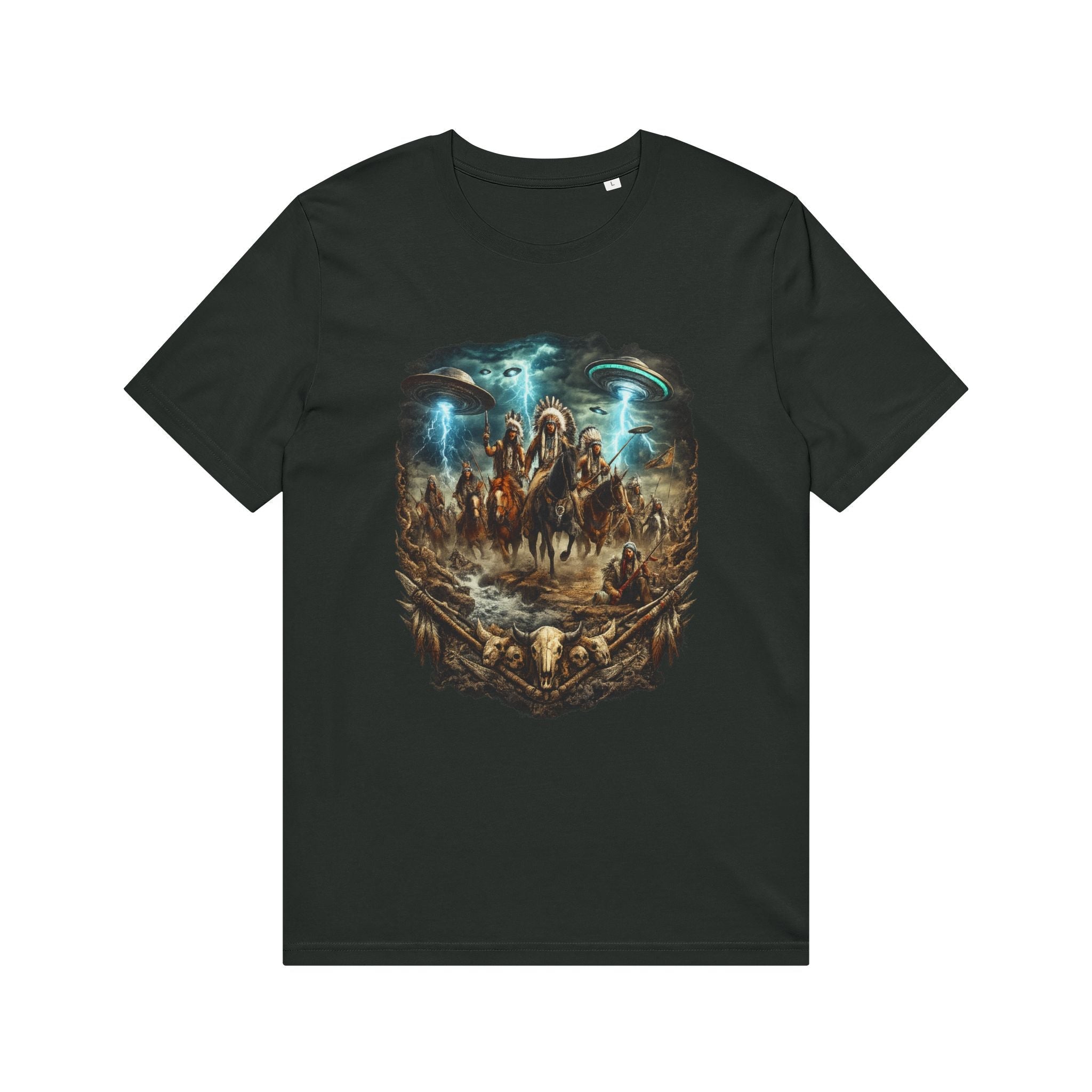 Ancient Sky Contact – Native Warrior UFO Graphic Tee Printify