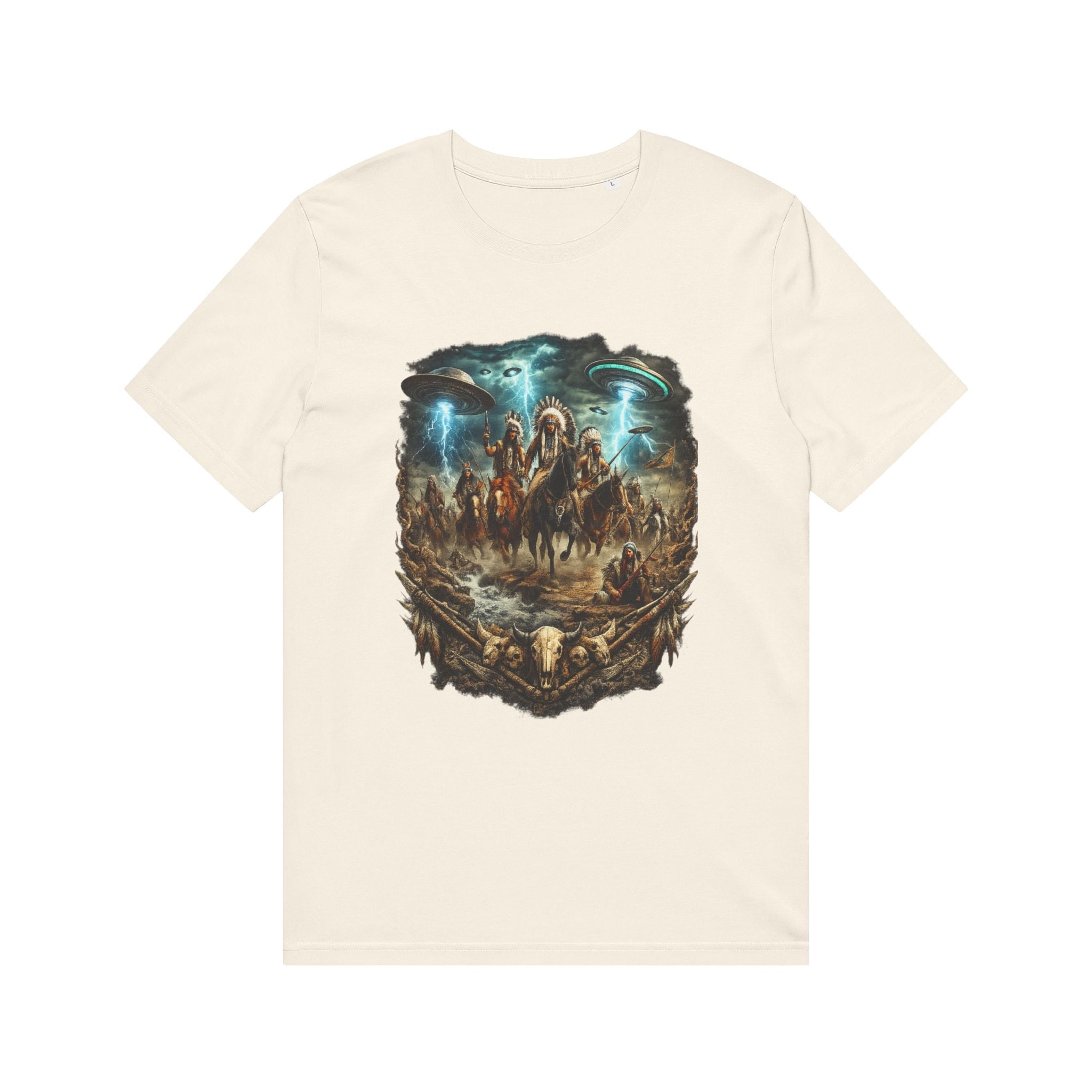 Ancient Sky Contact – Native Warrior UFO Graphic Tee Printify