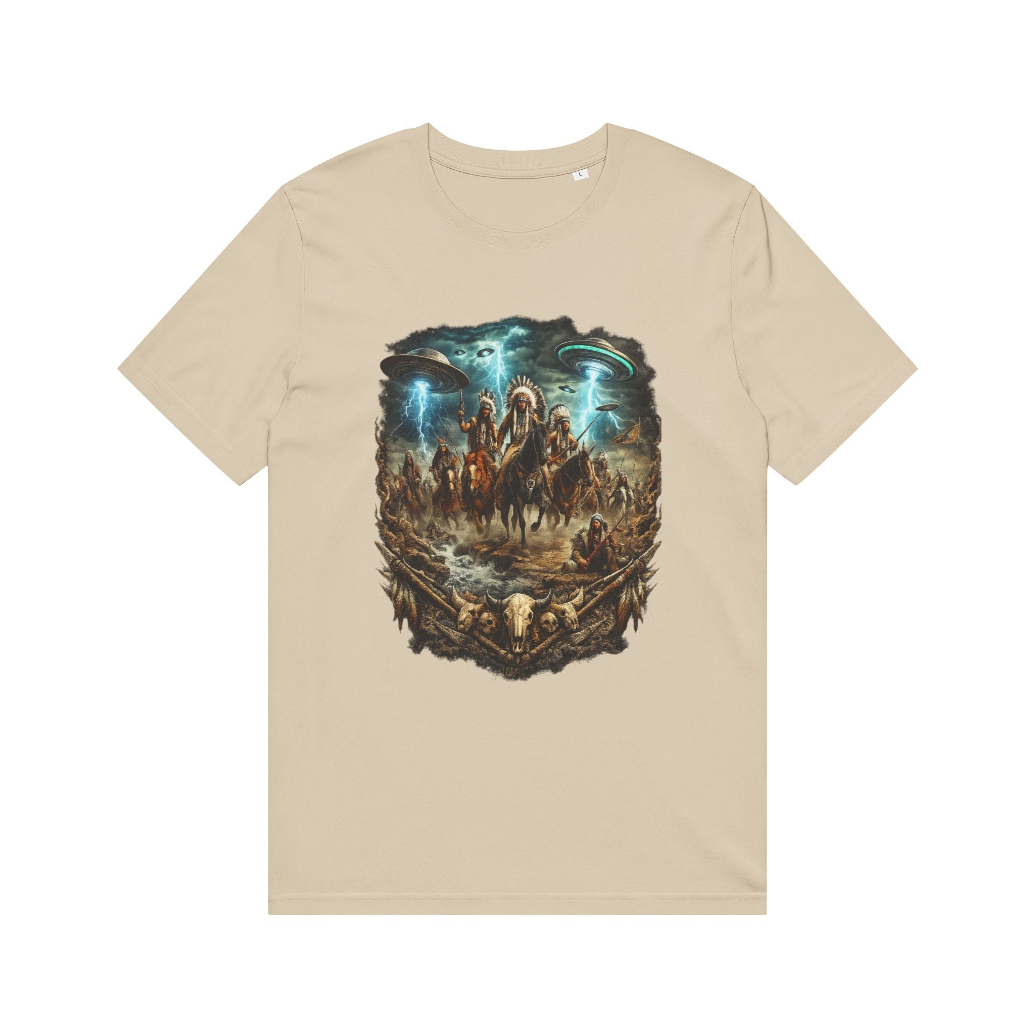 Ancient Sky Contact – Native Warrior UFO Graphic Tee Printify