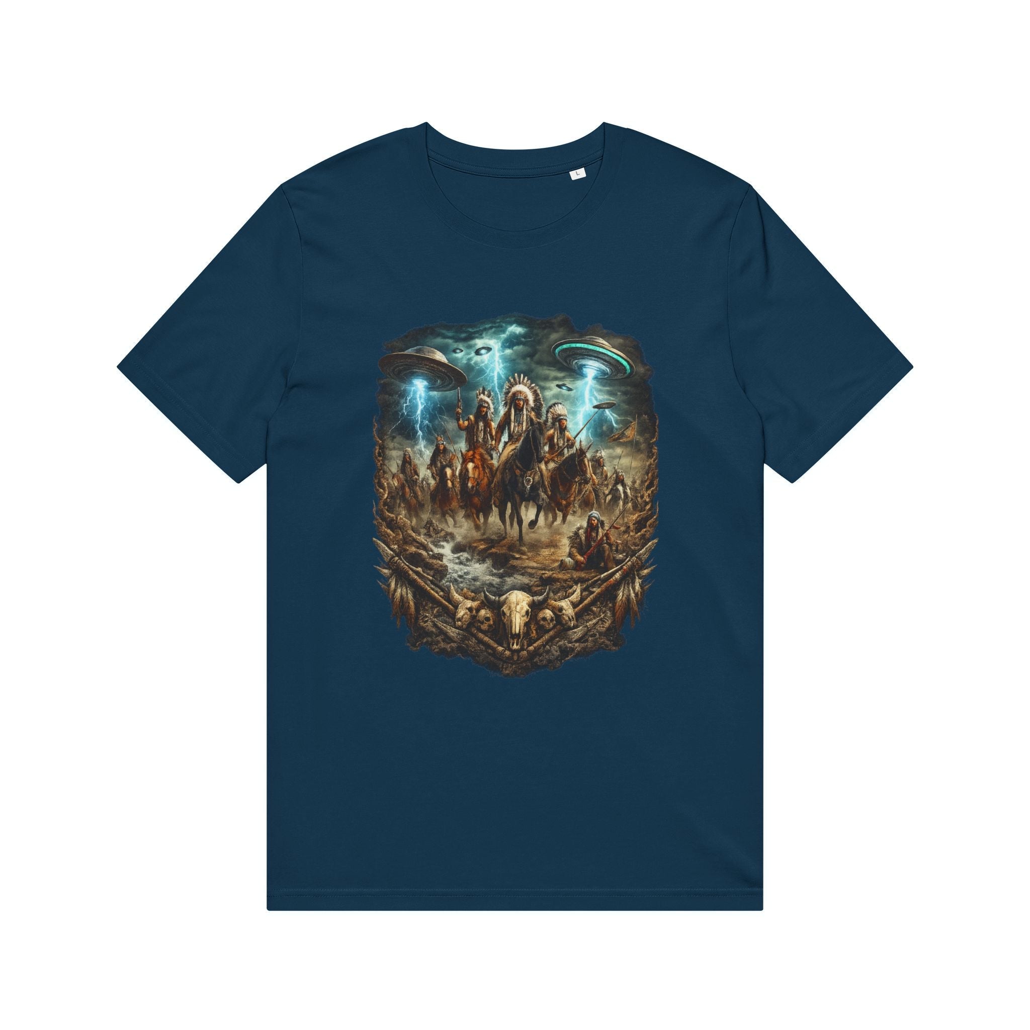 Ancient Sky Contact – Native Warrior UFO Graphic Tee Printify