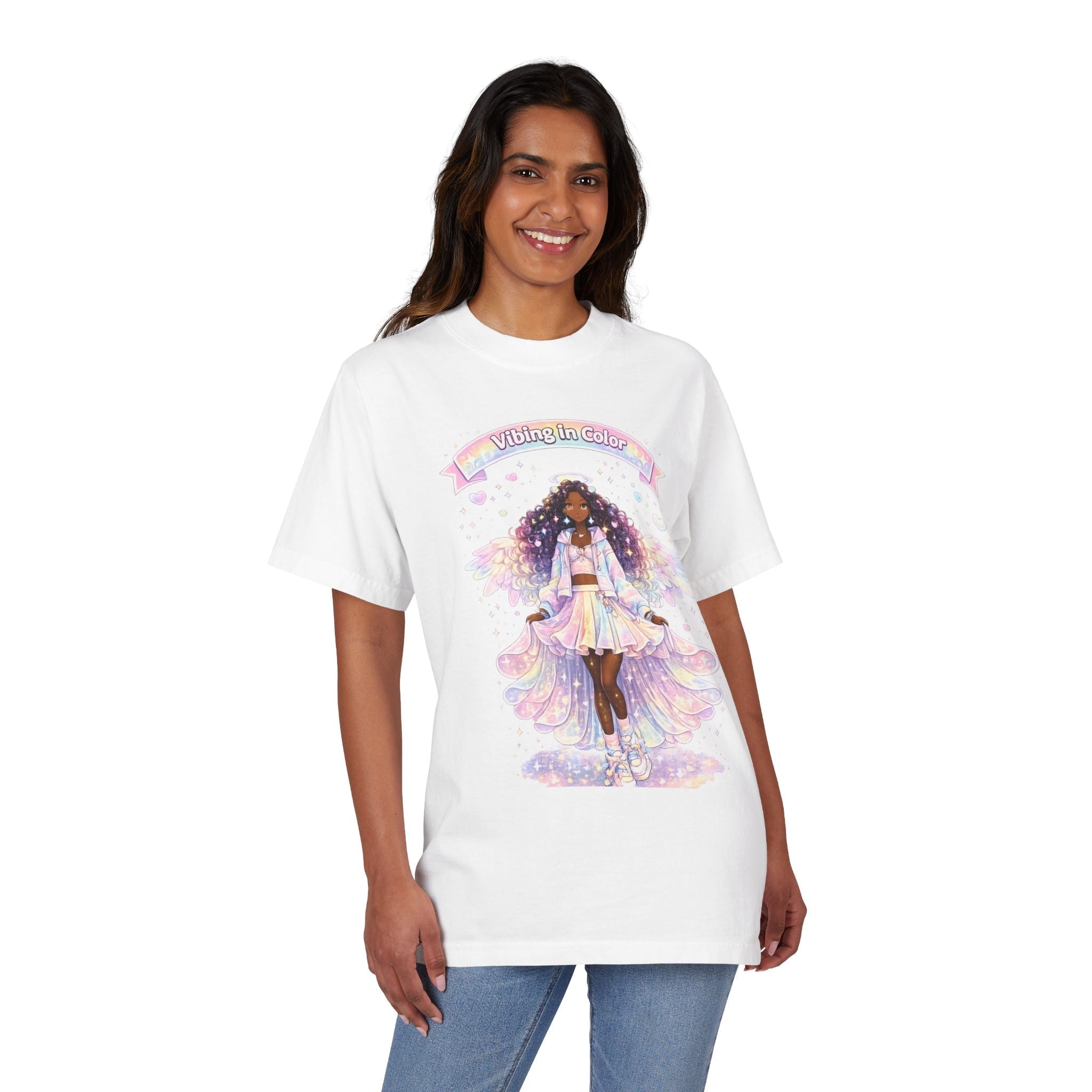 Vibing in Color T‑Shirt — Pastel Afrocentric Fairy Girl Graphic Tee Printify