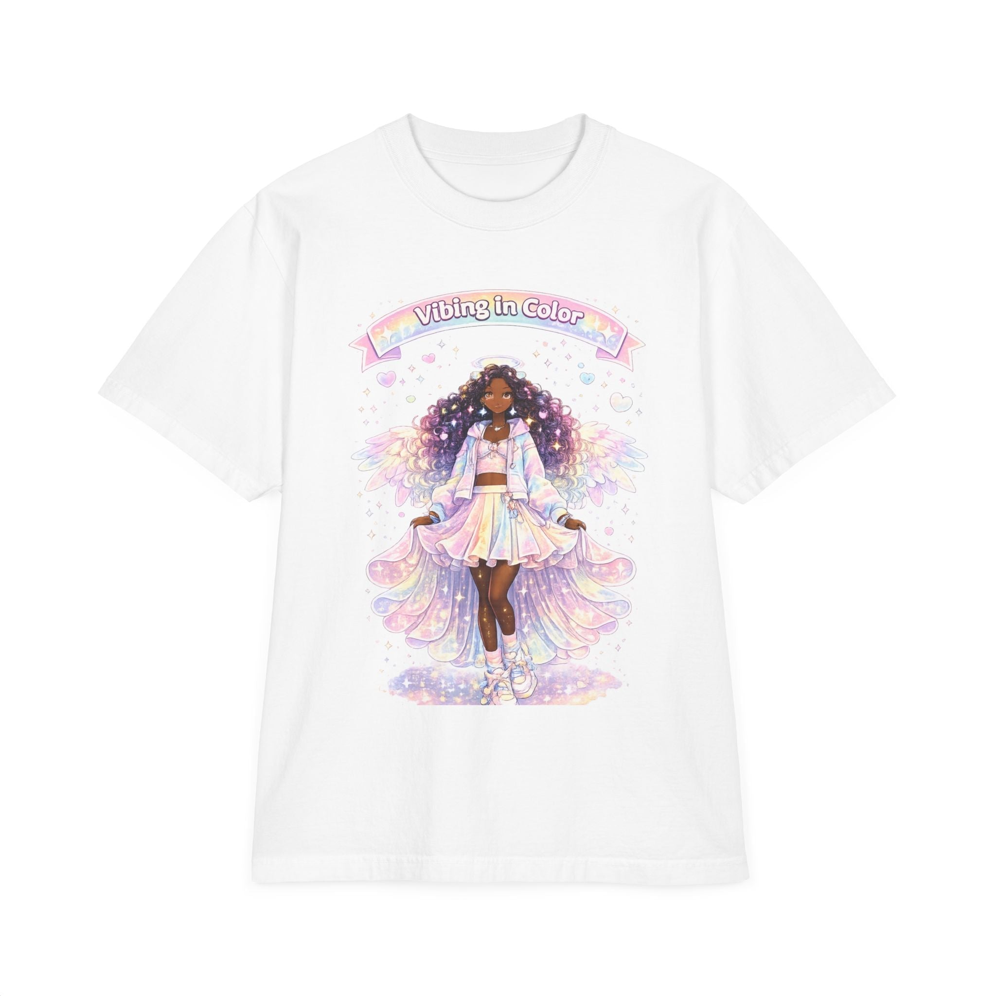 Vibing in Color T‑Shirt — Pastel Afrocentric Fairy Girl Graphic Tee Printify