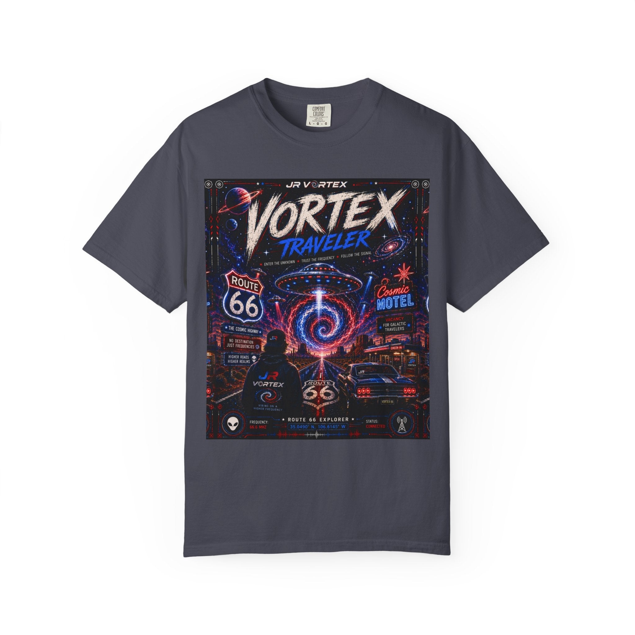Vortex Traveler Graphic T-Shirt — Retro Route 66 Neon Space Design