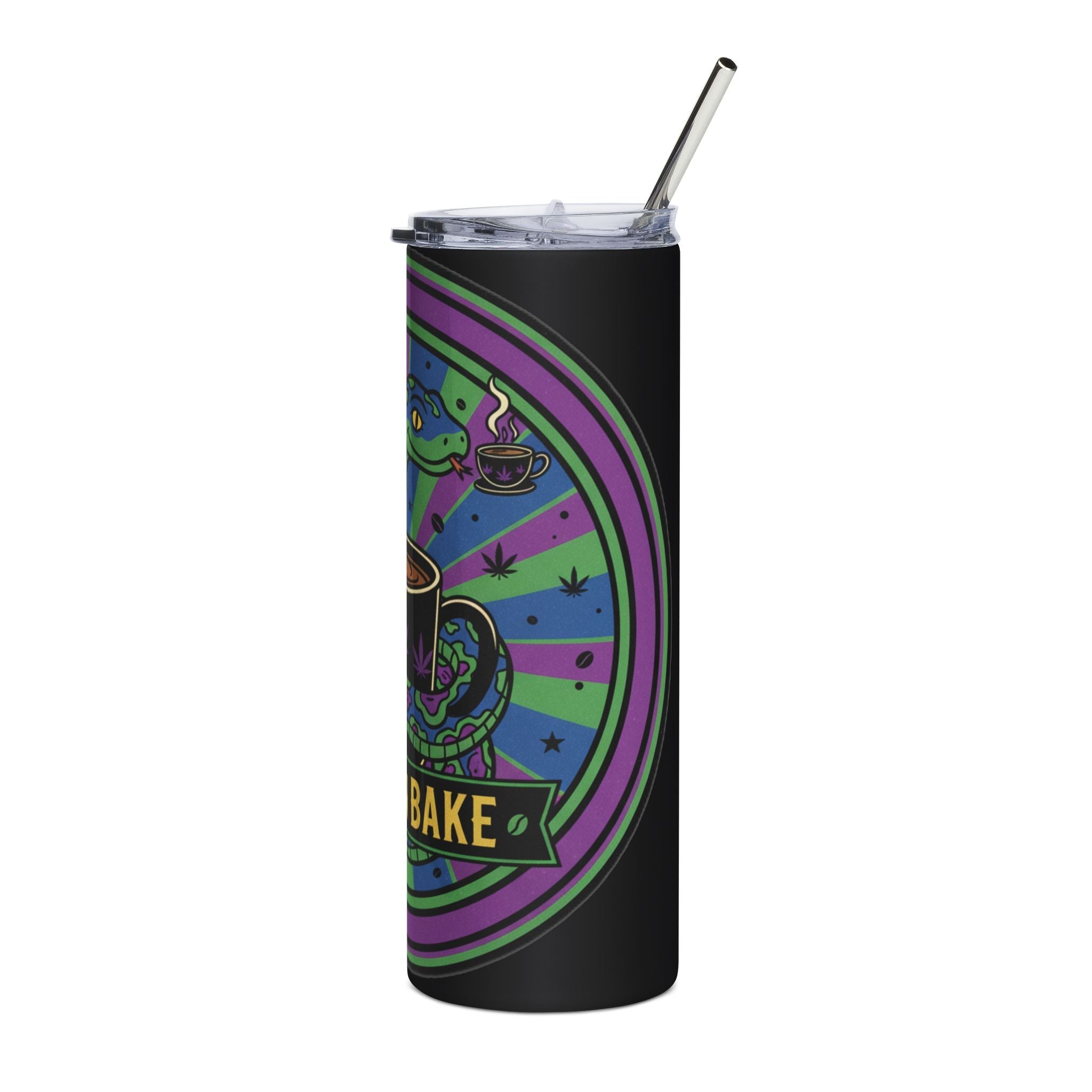 Wake N Bake 20oz Stainless Steel Tumbler — Psychedelic Snake Coffee Cup with Cannabis Leaf Design