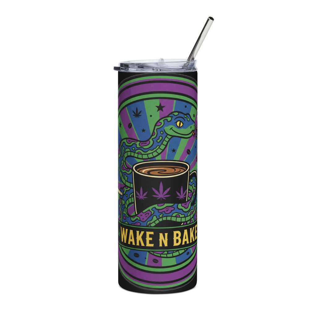 Wake N Bake 20oz Stainless Steel Tumbler — Psychedelic Snake Coffee Cup with Cannabis Leaf Design